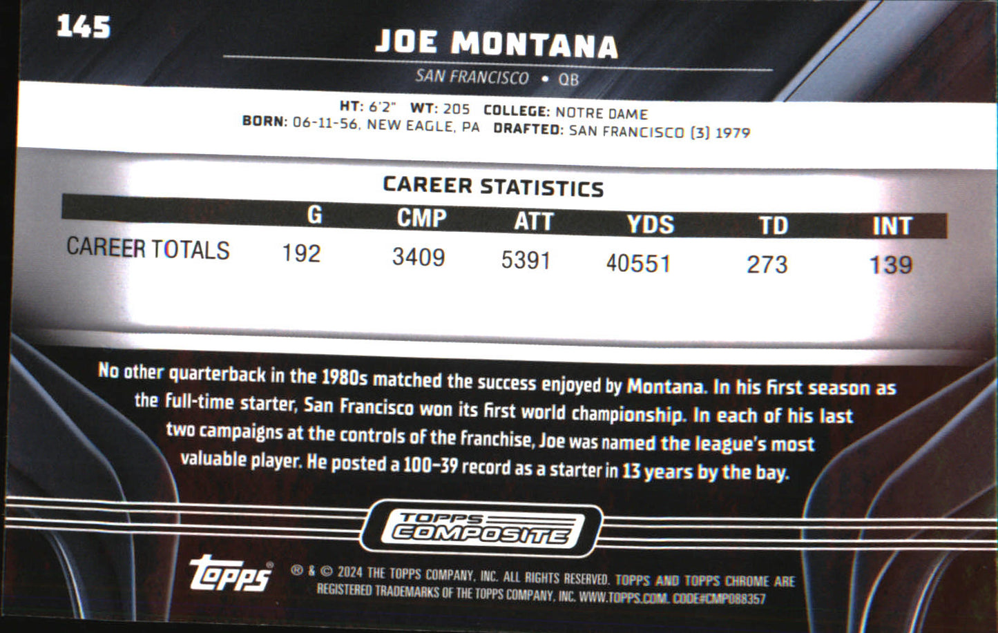 2023 Topps Composite Topps Chrome Black #145 Joe Montana