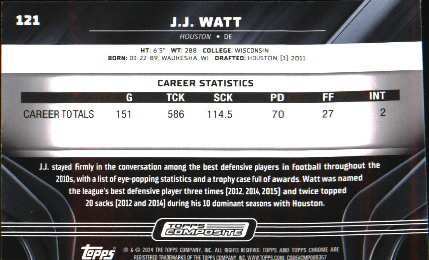 2023 Topps Composite Chrome Black #121 J.J. Watt