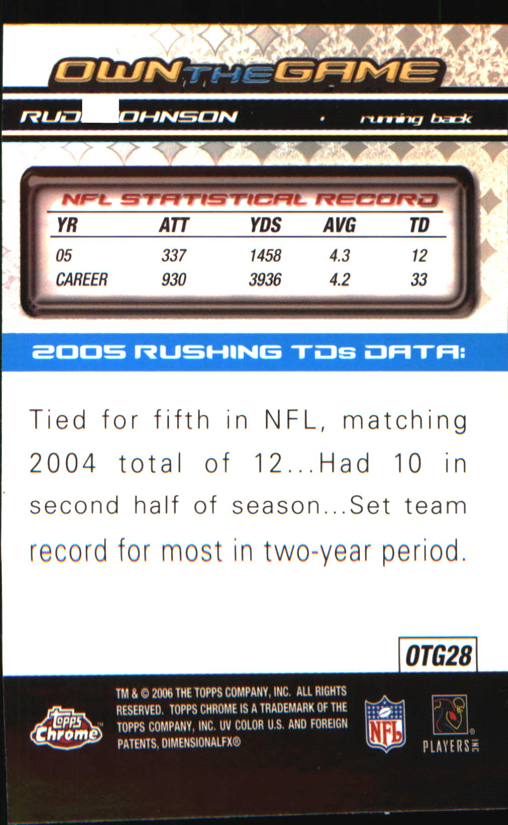 2006 Topps Chrome Own The Game #OTG28 Rudi Johnson