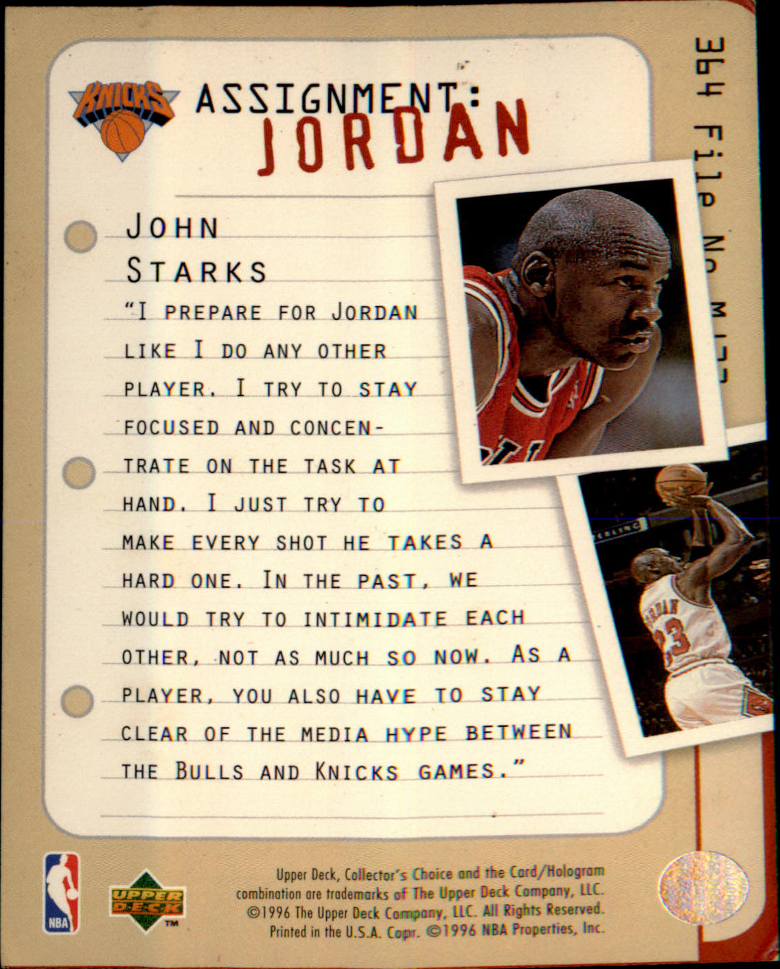 1996-97 Collector's Choice #364 John Starks "Assignment:Jordan"