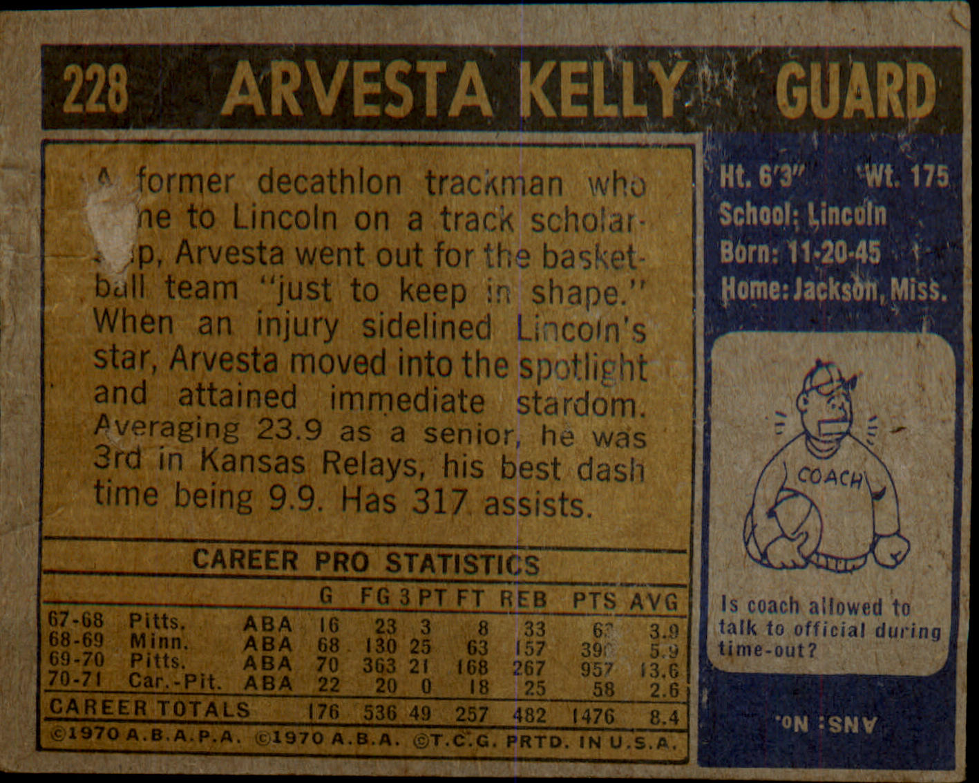 1971-72 Topps #228 Arvesta Kelly Rookie Rookie
