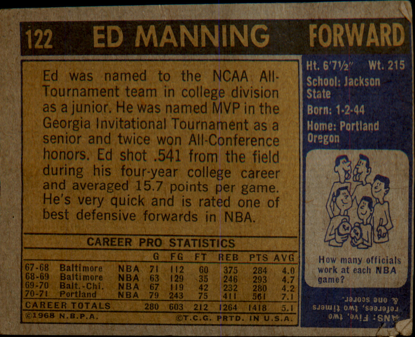 1971-72 Topps #122 Ed Manning