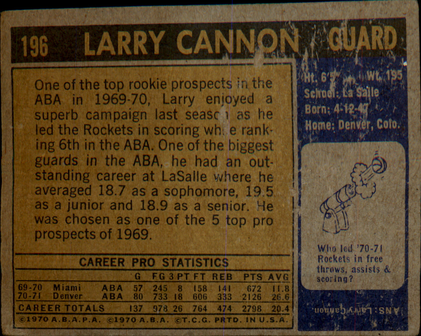 1971-72 Topps #196 Larry Cannon Rookie Rookie