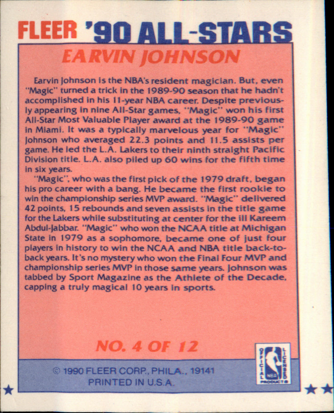 1990-91 Fleer All-Stars #4 Earvin Johnson
