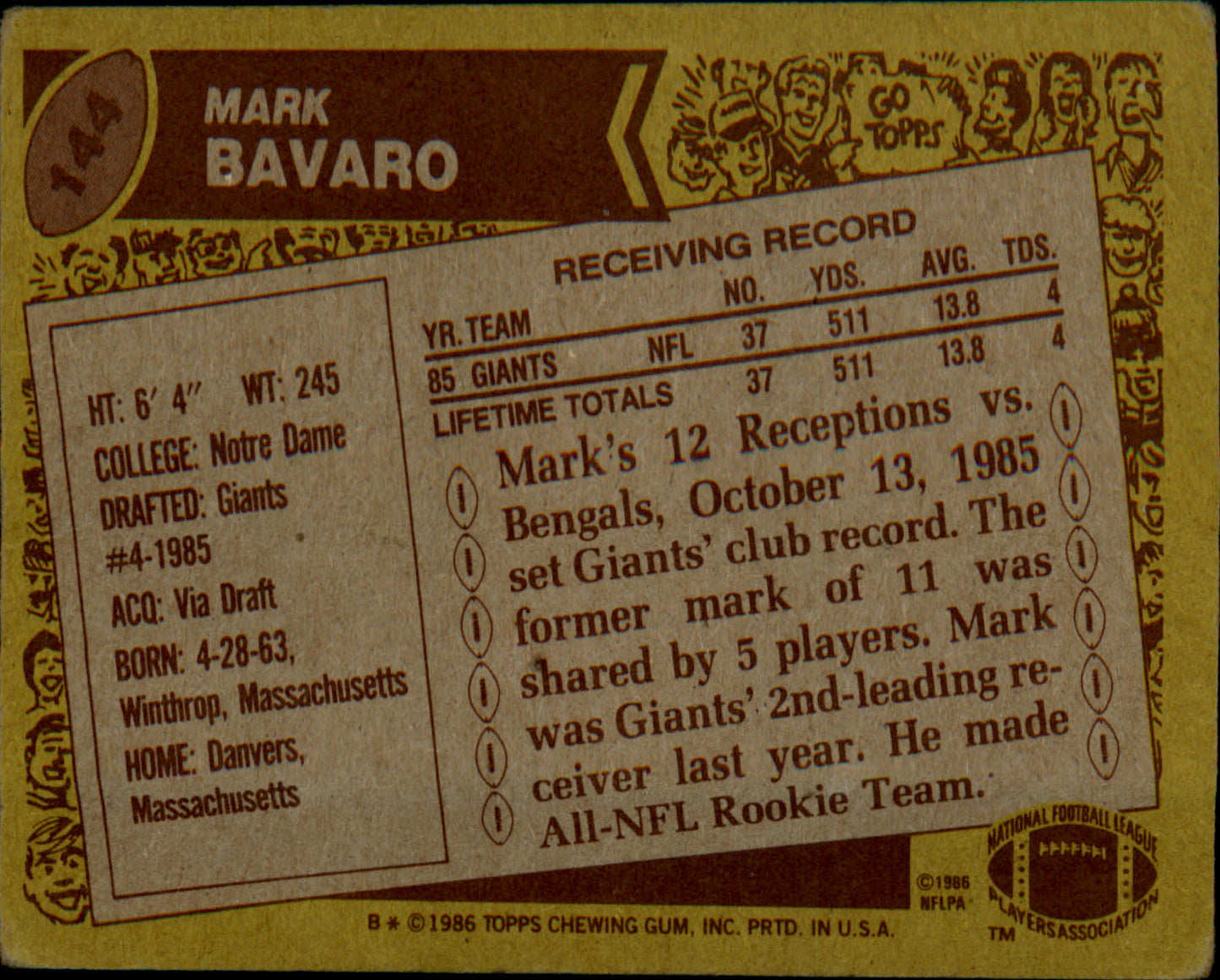 1986 Topps #144 Mark Bavaro Rookie Rookie
