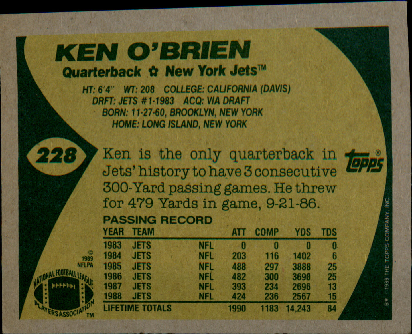 1989 Topps #228 Ken O'Brien