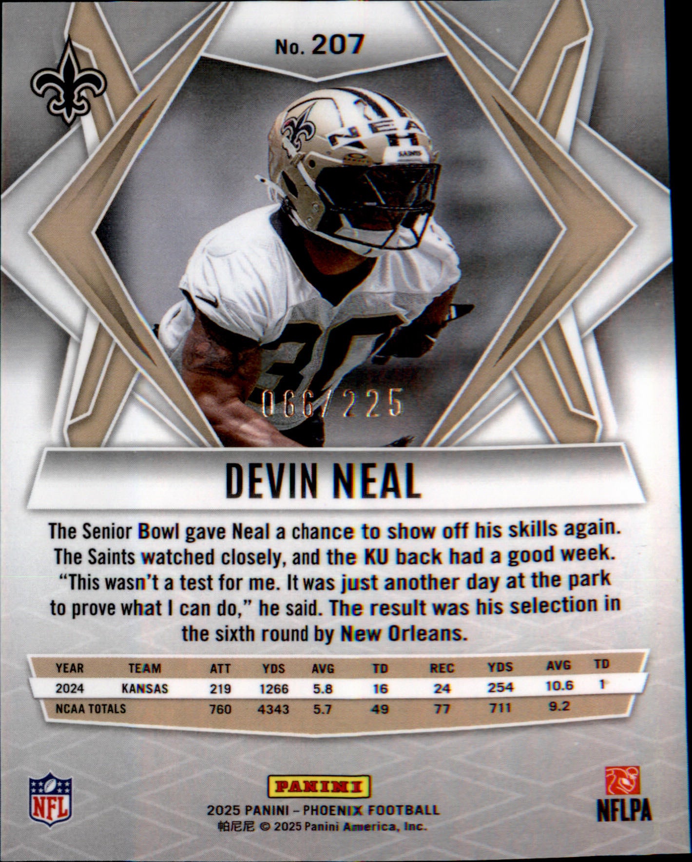 2025 Panini Phoenix Teal Pyramids Prizm #066/225 #207 Devin Neal Rookie Rookie