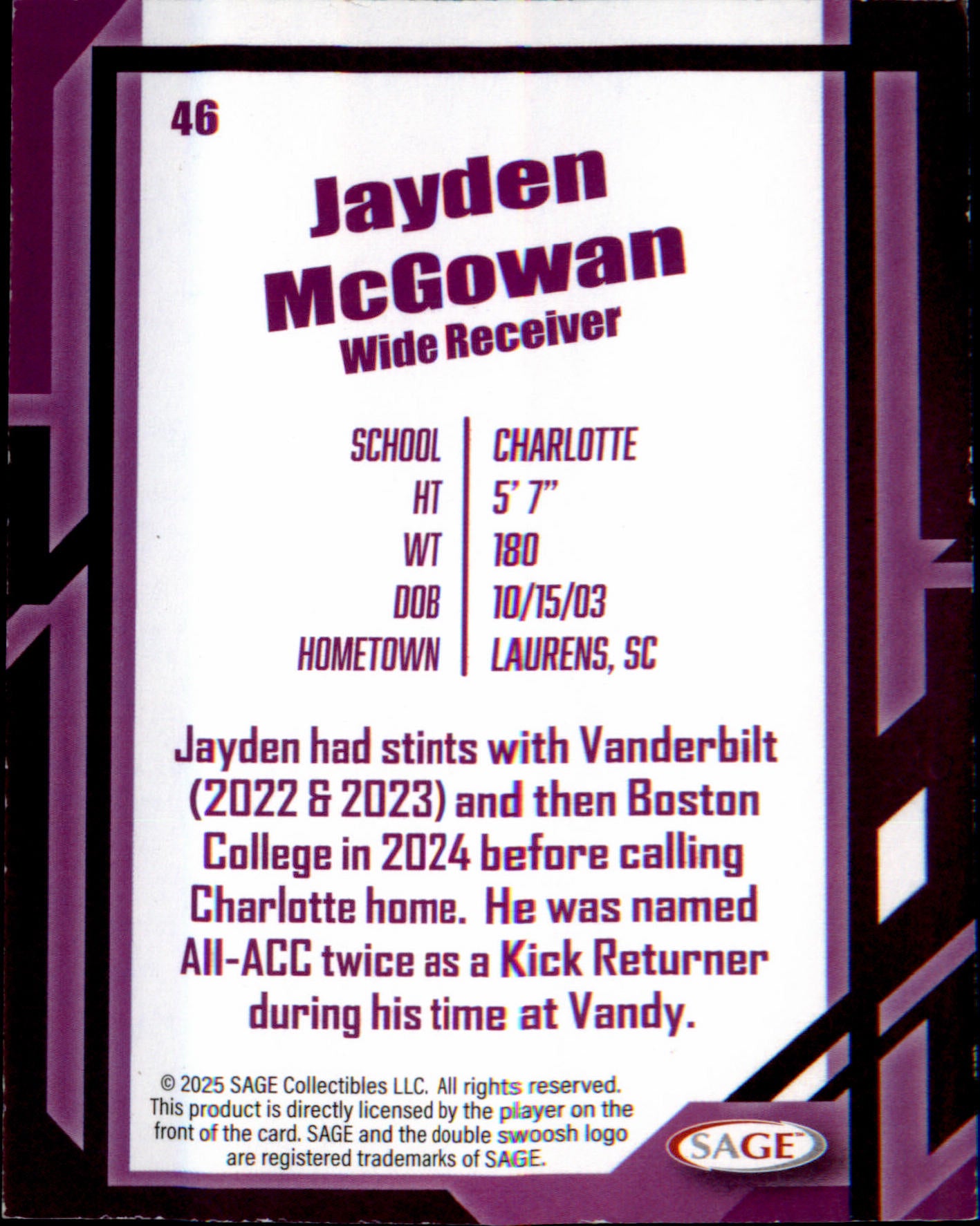 2026 SAGE Blue #46 Jayden McGowan