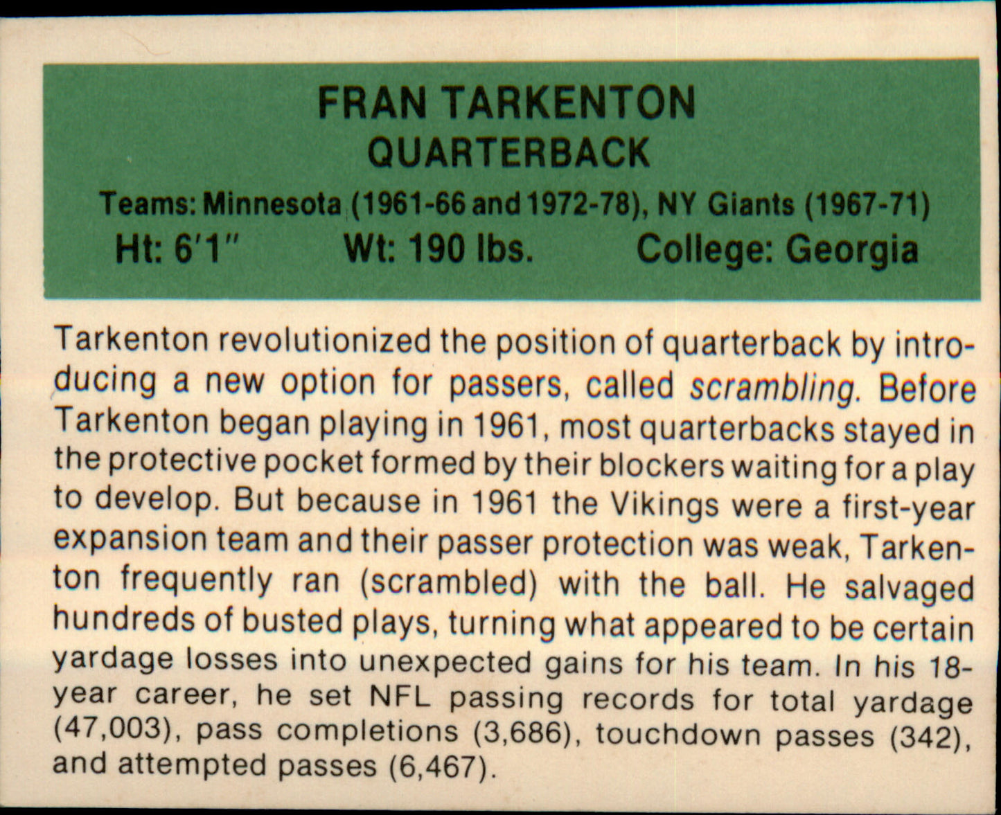 1987 Hygrade Football's All-Time Greats #NNO Fran Tarkenton