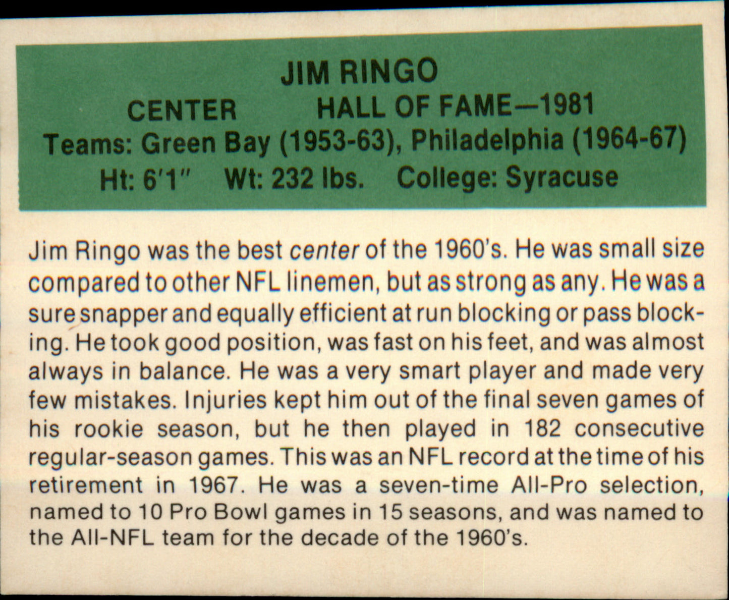 1987 Hygrade Football's All-Time Greats #NNO Jim Ringo