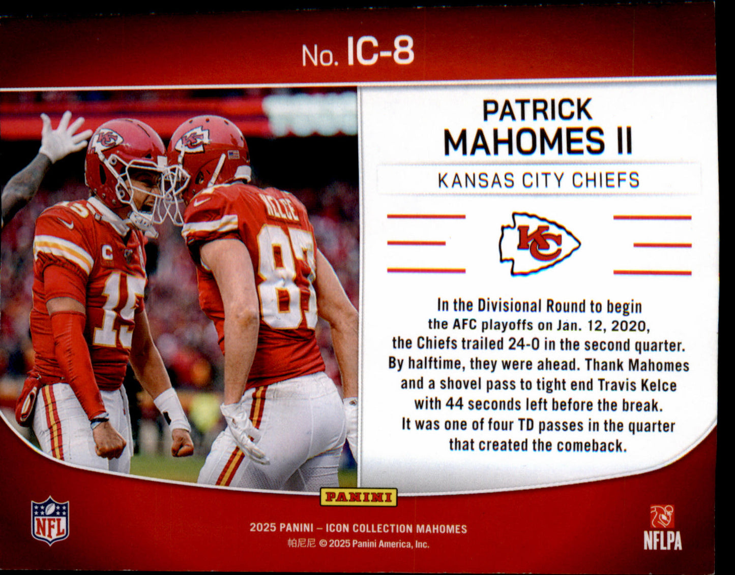 Panini 2025 Icon Collection Highlights IC-8 Mahomes Kelce Chiefs AFC Playoffs