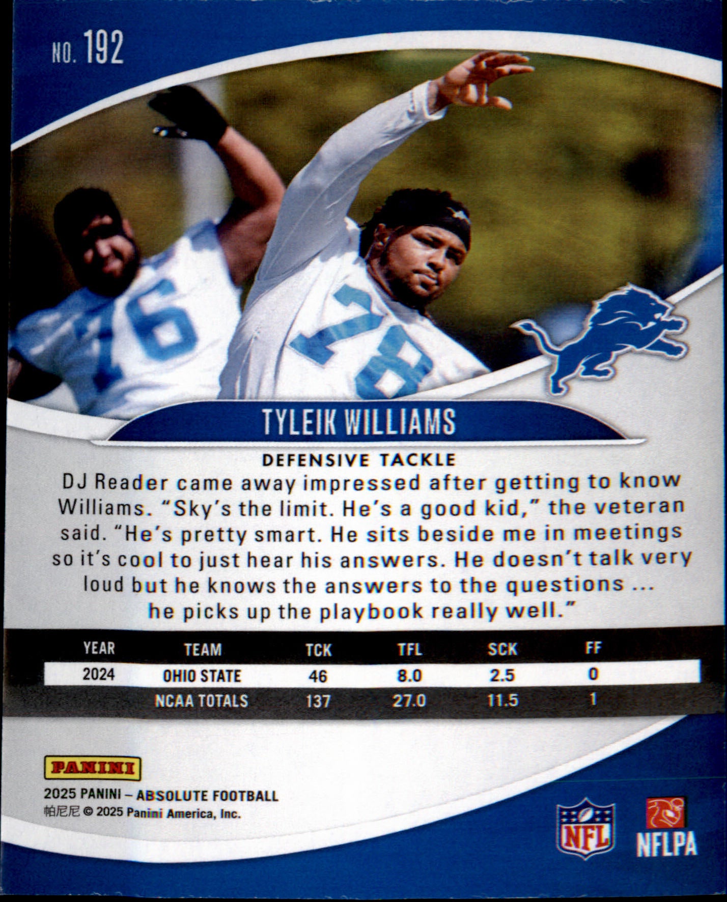 2025 Panini Absolute Retail #192 Tyleik Williams Rookie Rookie
