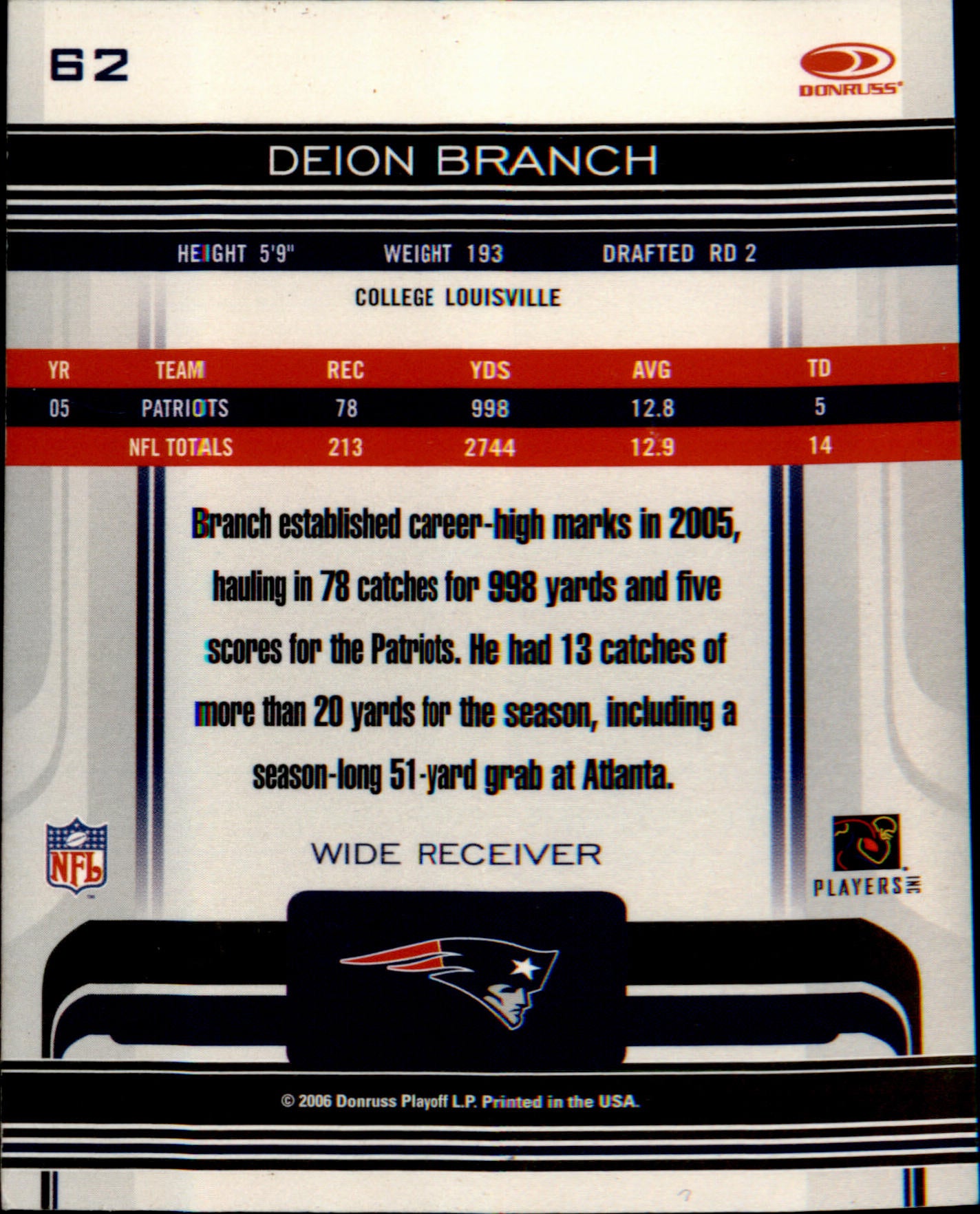 2006 Donruss Gridiron Gear Retail #62 Deion Branch
