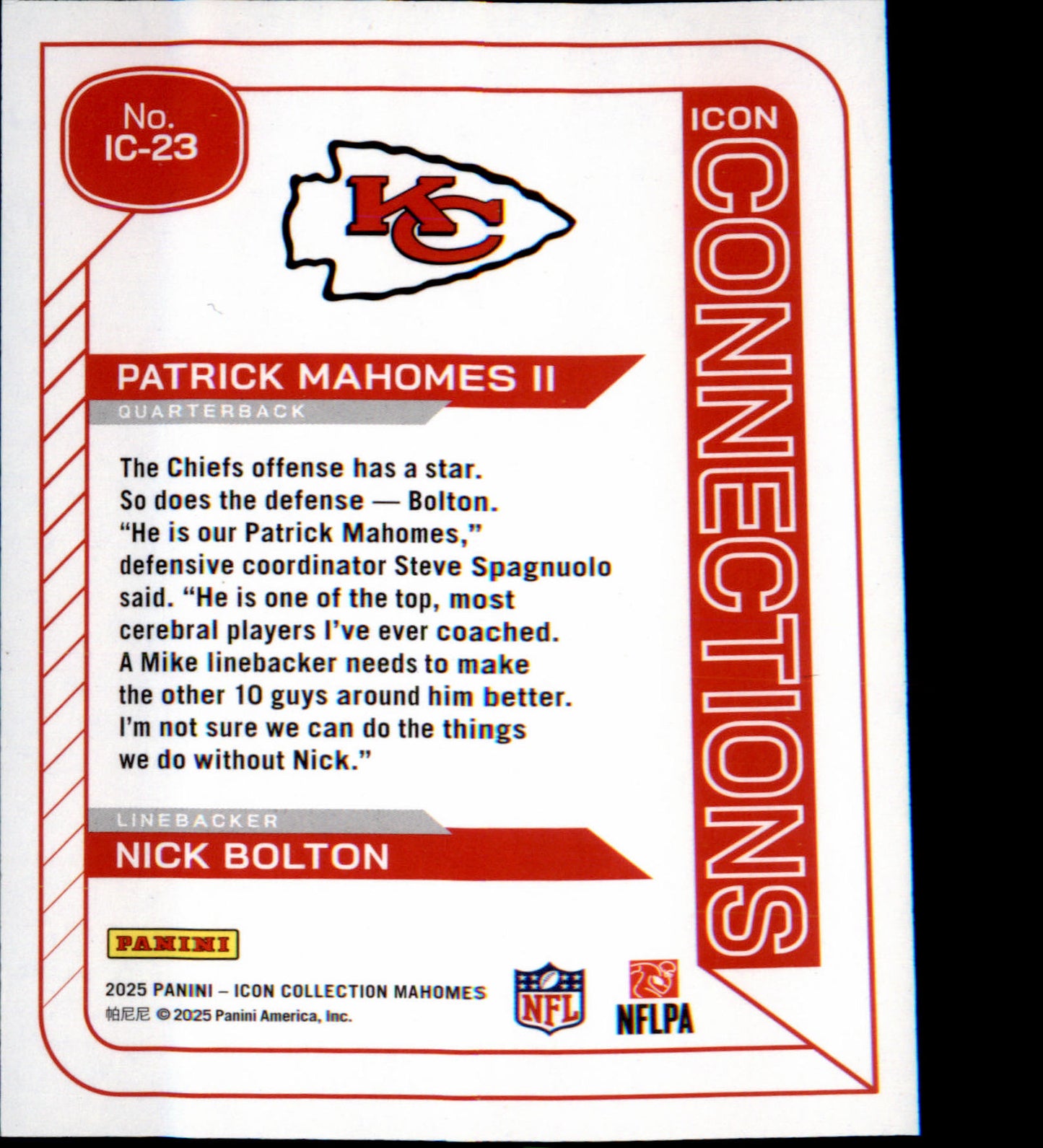 2025 Panini Authentically Mahomes Icon Connections IC-23 Nick Bolton