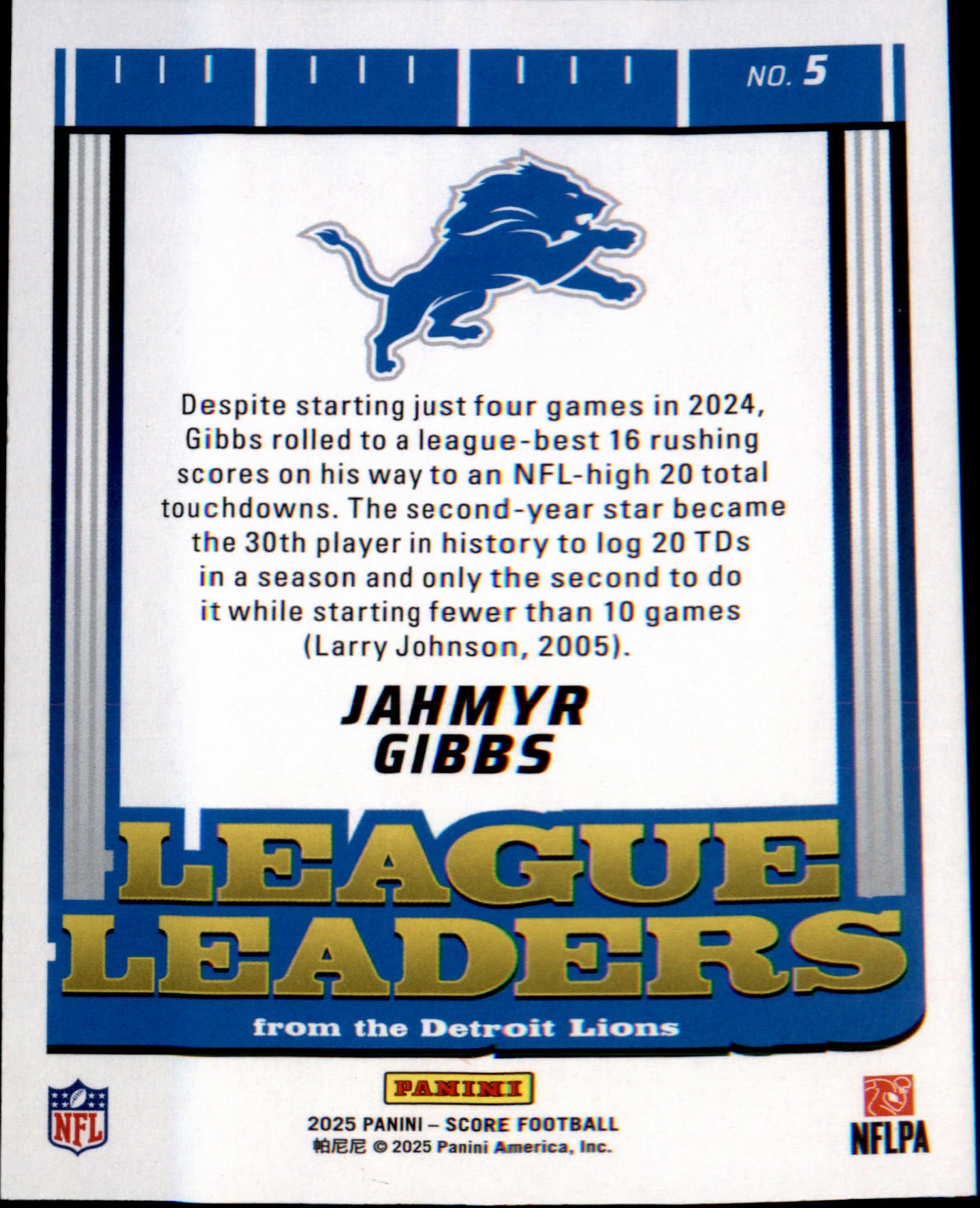 2025 Score League Leaders #5 Jahmyr Gibbs