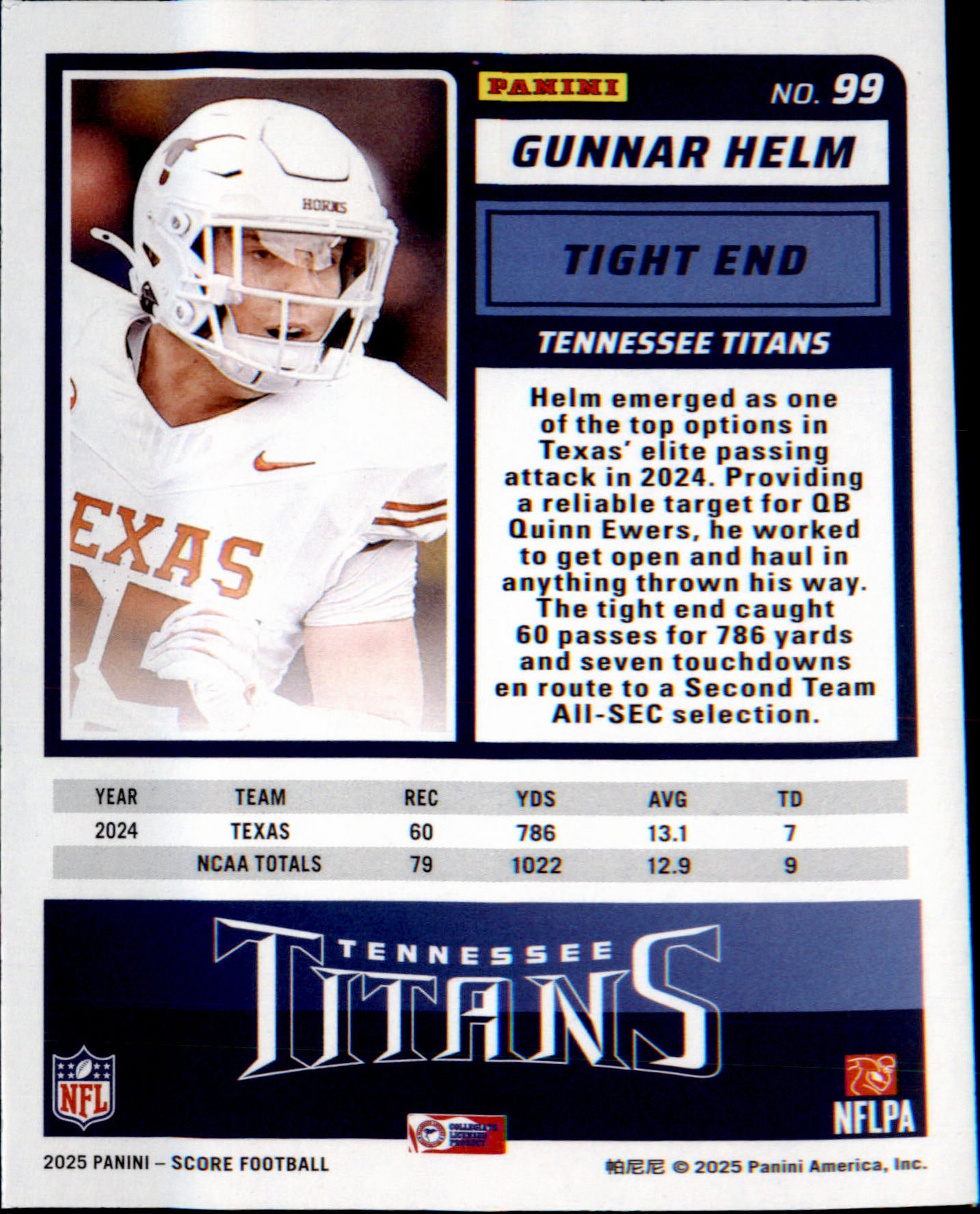 2025 Score #99 Gunnar Helm Rookie Rookie
