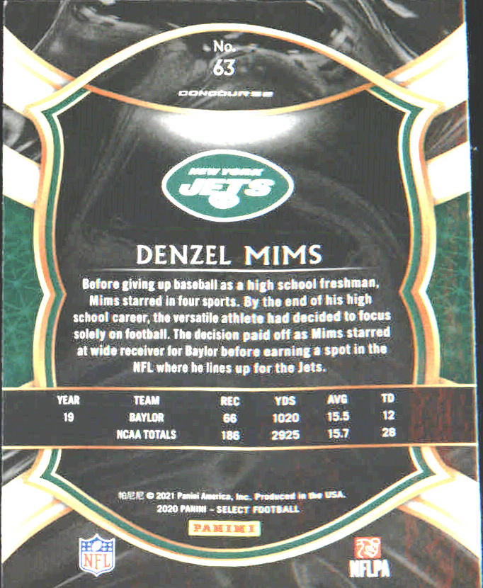 2020 Panini Select #63 Denzel Mims Rookie Rookie
