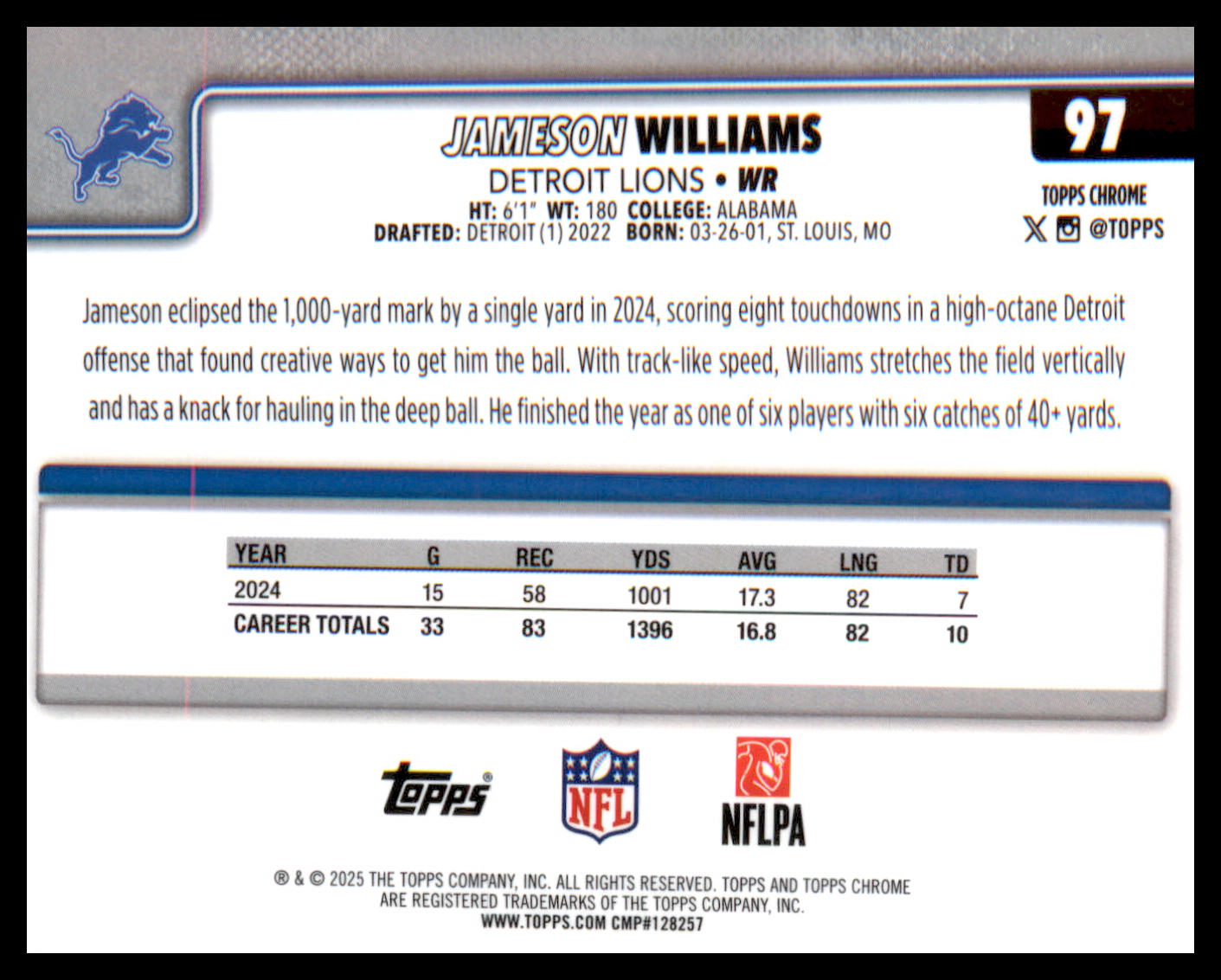 2025 Topps Chrome #97 Jameson Williams