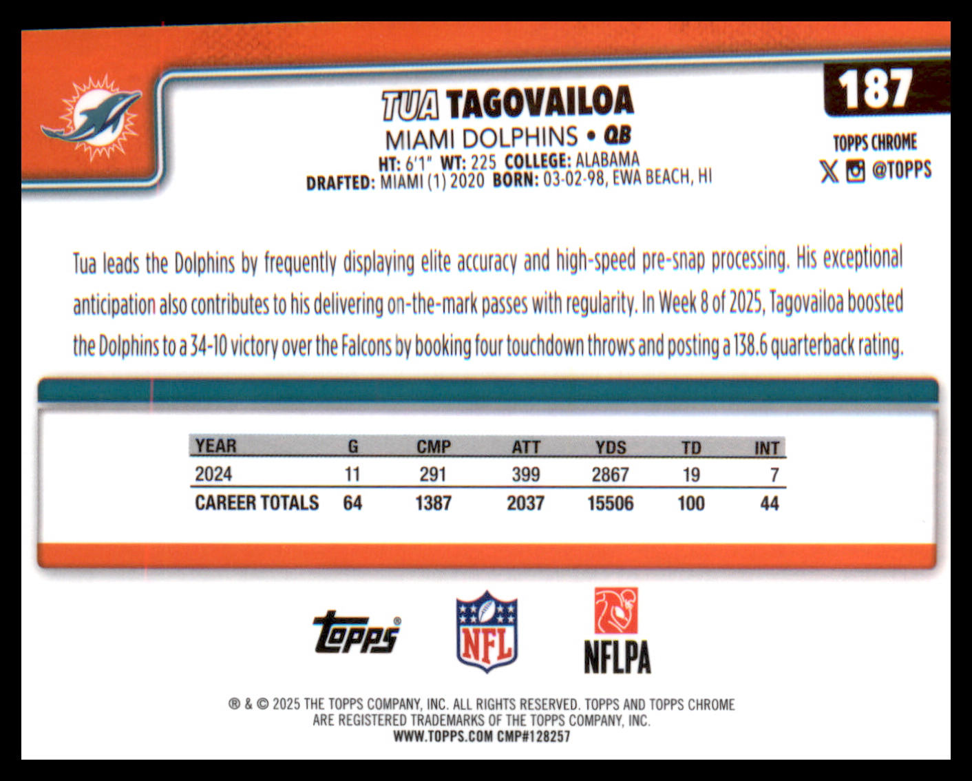 2025 Topps Chrome #187 Tua Tagovailoa