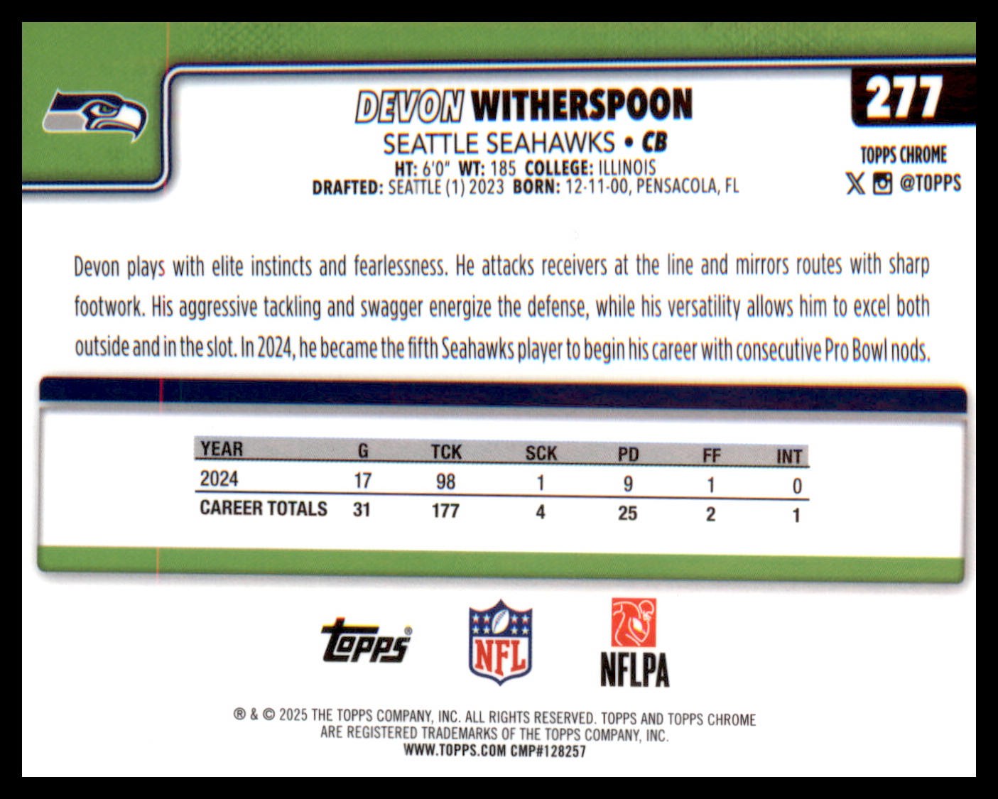 2025 Topps Chrome #277 Devon Witherspoon