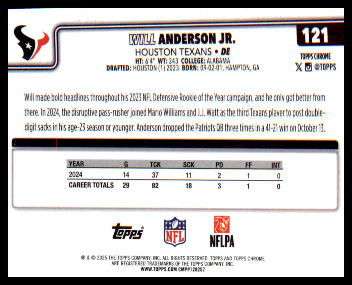 2025 Topps Chrome #121 Will Anderson Jr.