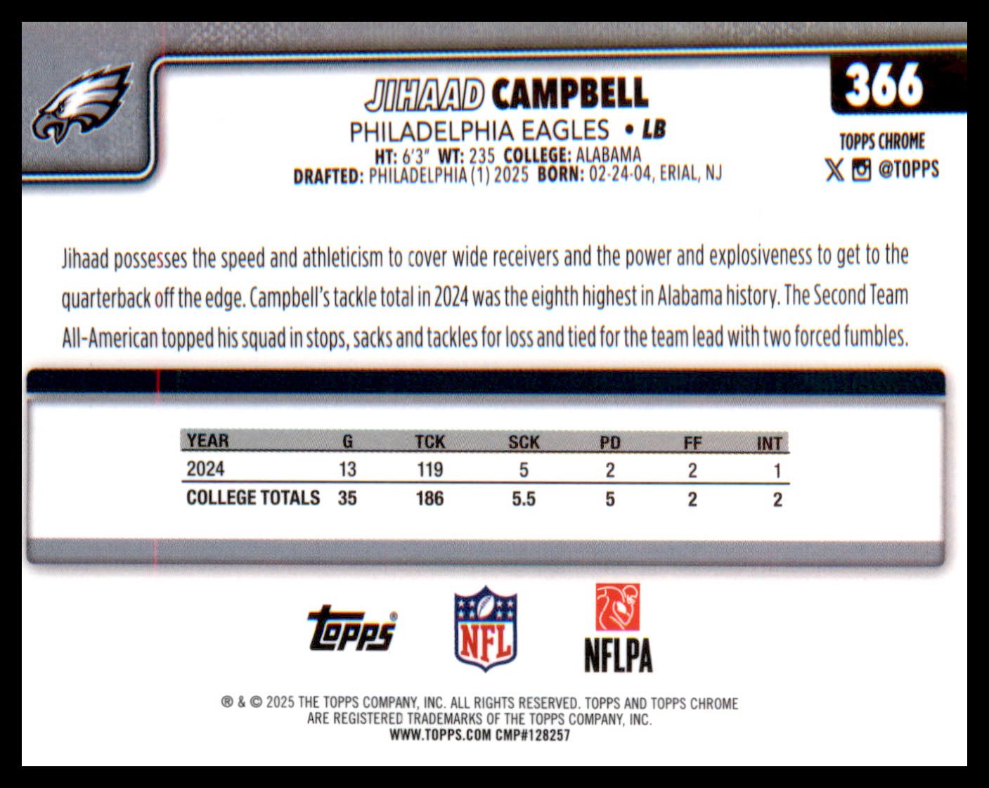2025 Topps Chrome #366 Jihaad Campbell Rookie Rookie