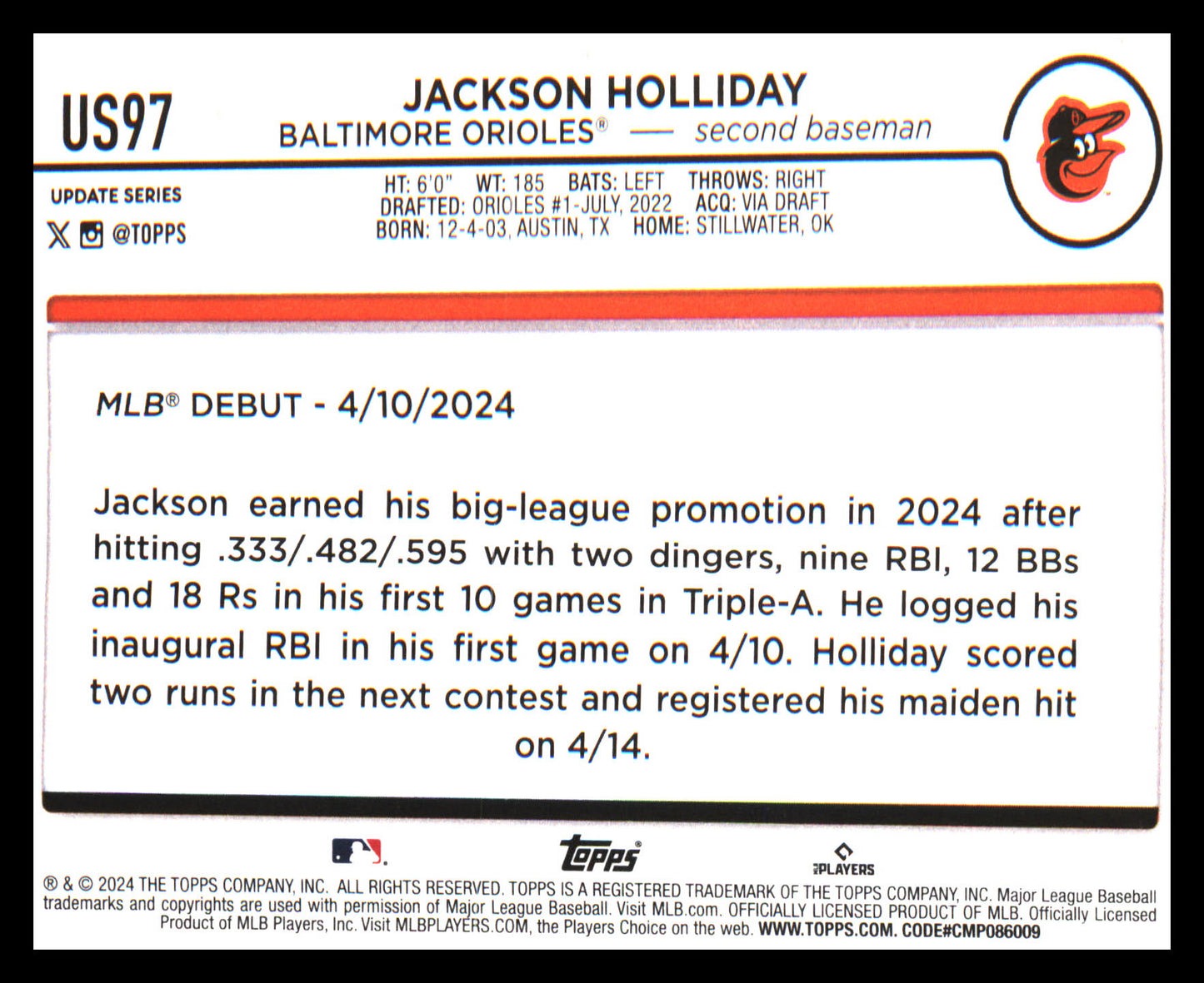 2024 Topps Update #US97 Jackson Holliday