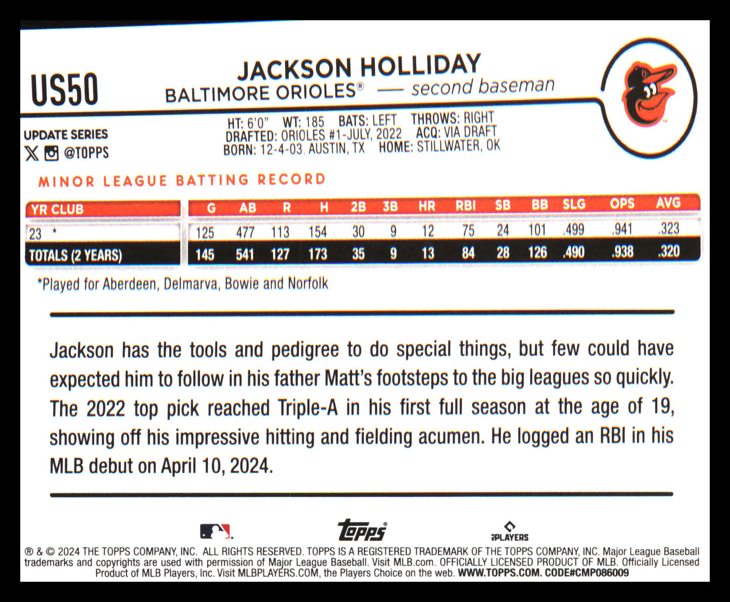 2024 Topps Chrome Update #USC200 Jackson Holliday