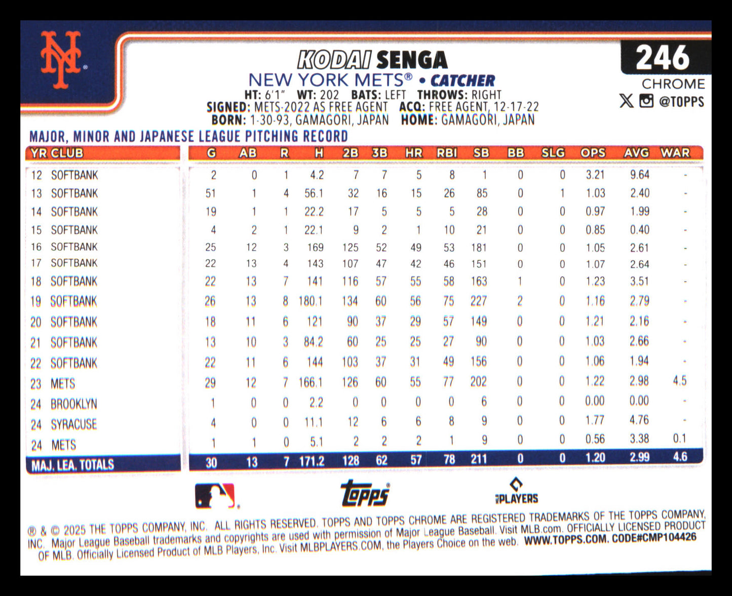 2025 Topps Chrome X-Fractors #246 Kodai Senga