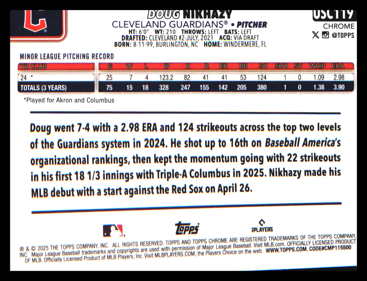 2025 Topps Chrome Update X-Fractors #USC119 Doug Nikhazy Rookie Rookie
