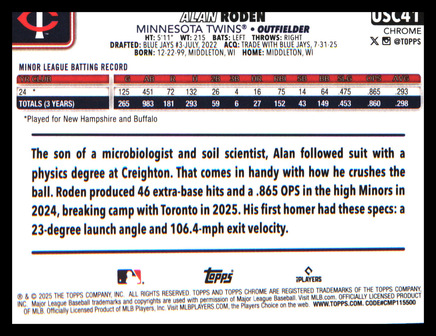 2025 Topps Chrome Update X-Fractors #USC41 Alan Roden Rookie Rookie