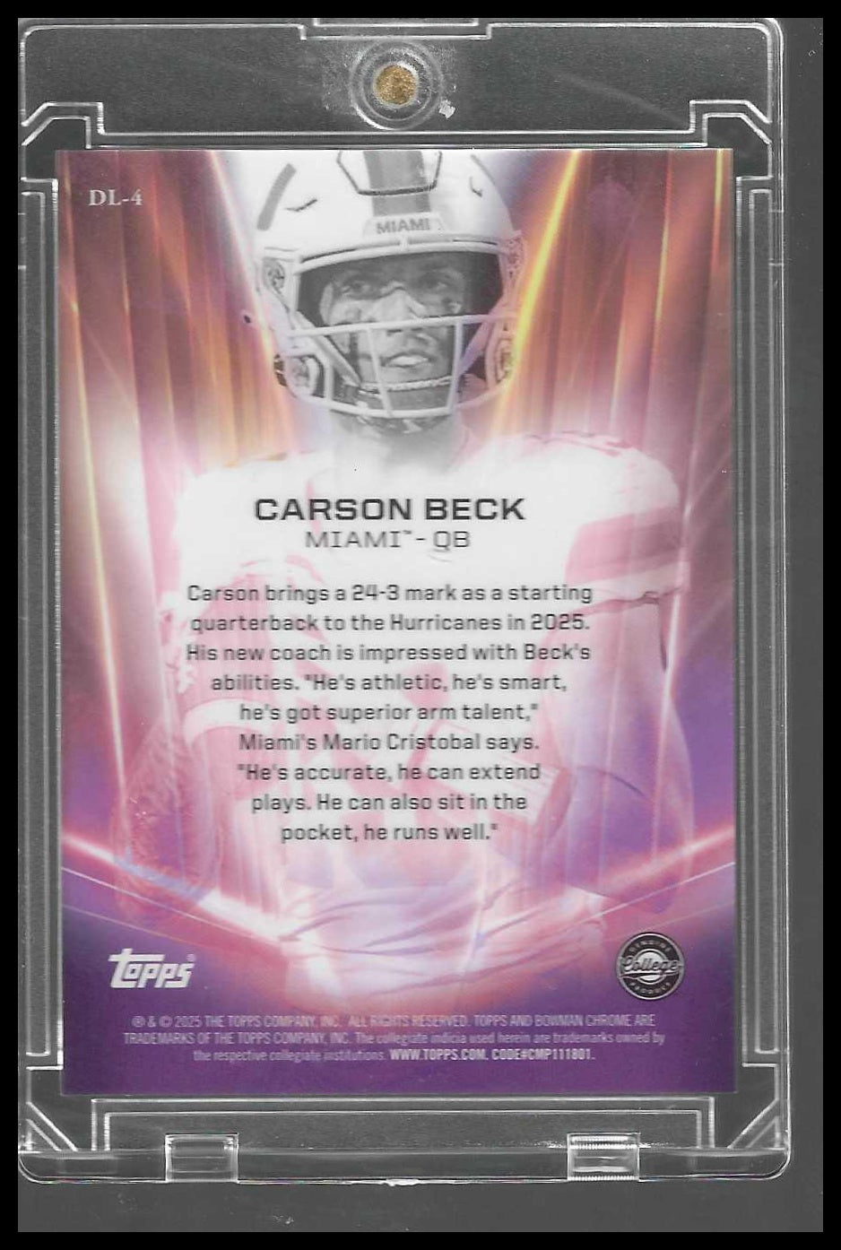 Topps 2025 Bowman University Chrome CASE HIT Dean's List Carson Beck #DL-4 Miami