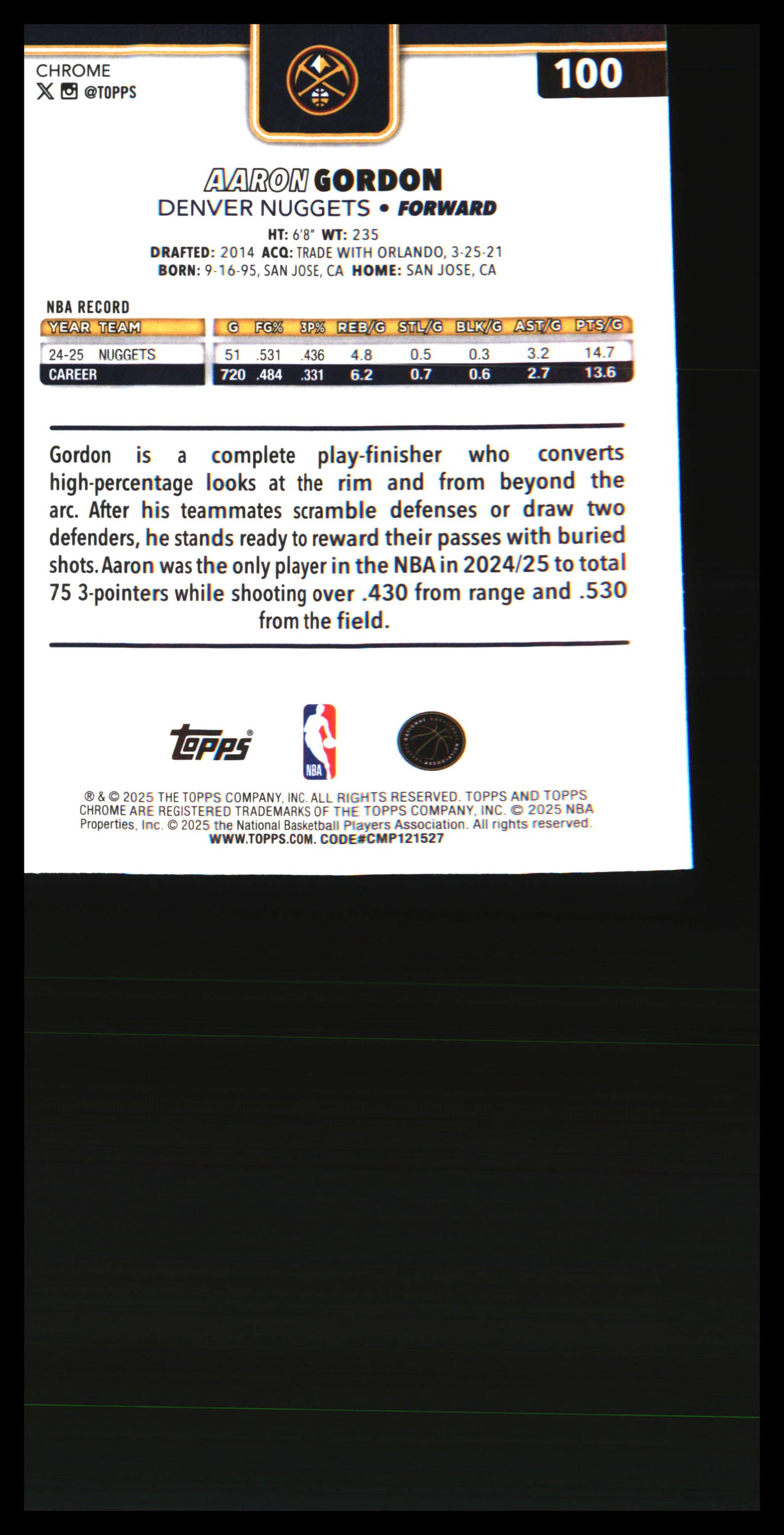 2025-26 Topps Chrome Basketball Refractor #100 Aaron Gordon