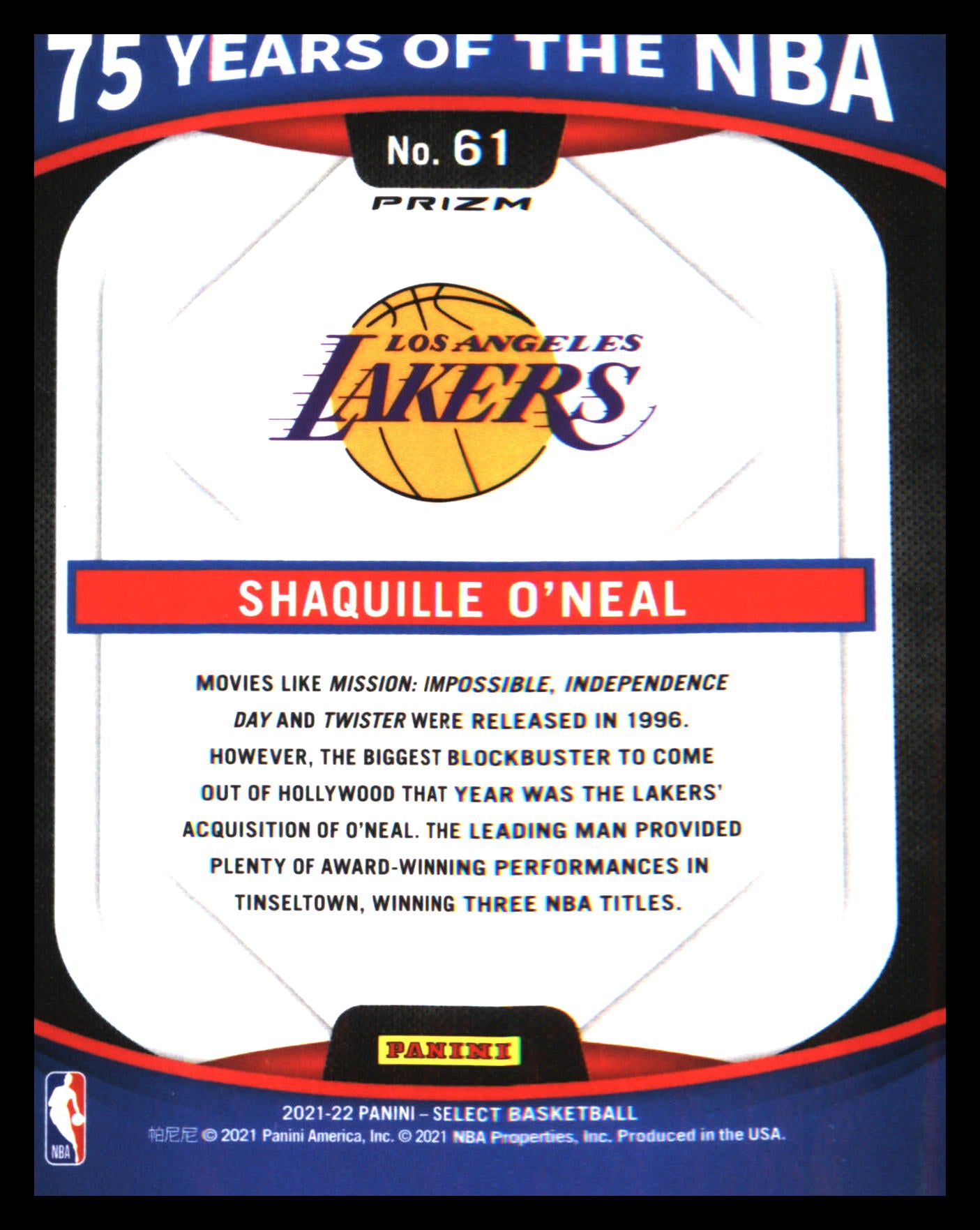 2021-22 Panini Select 75 Years of the NBA Prizm #61 Shaquille O'Neal