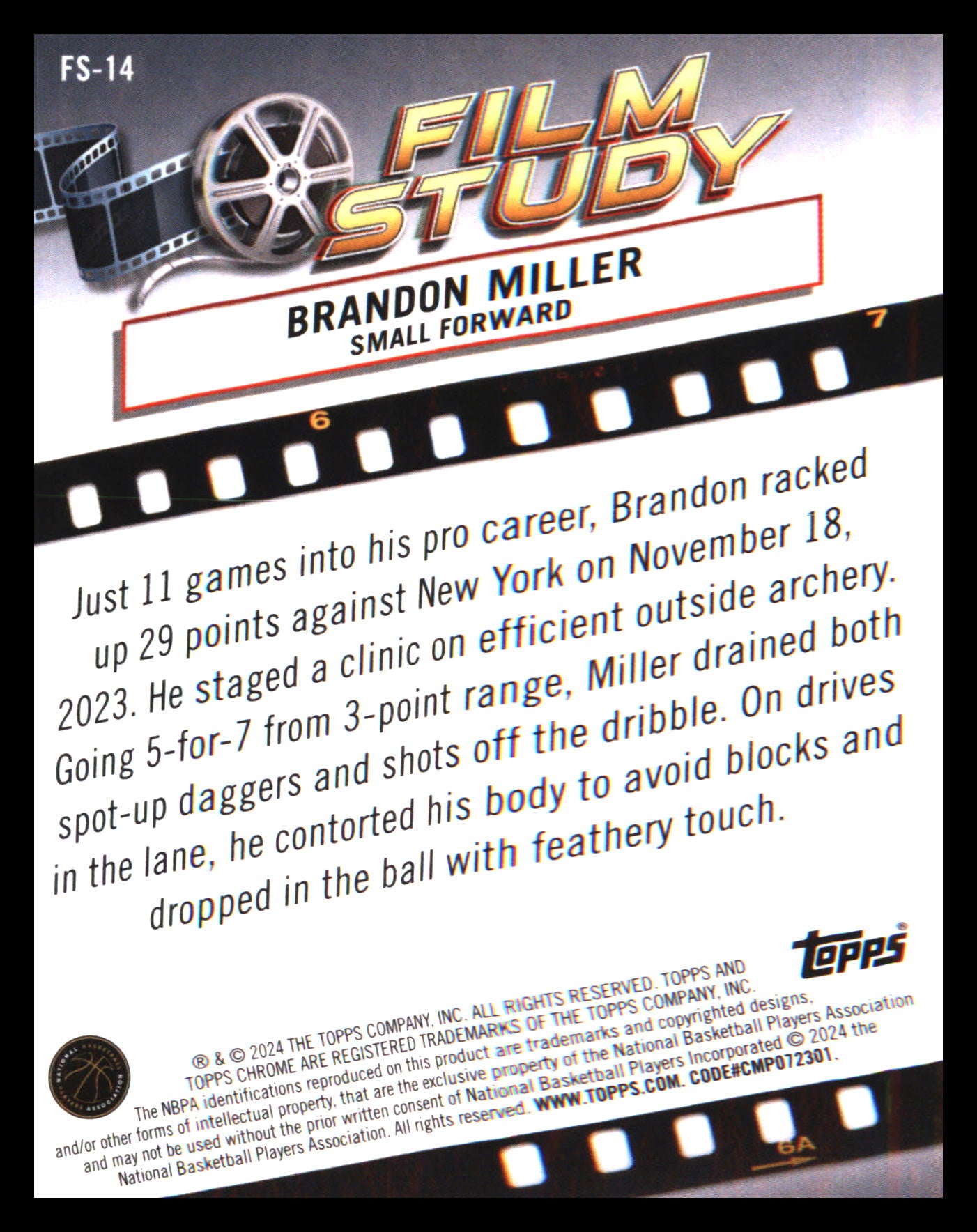 2023-24 Topps Chrome Film Study #FS-14 Brandon Miller