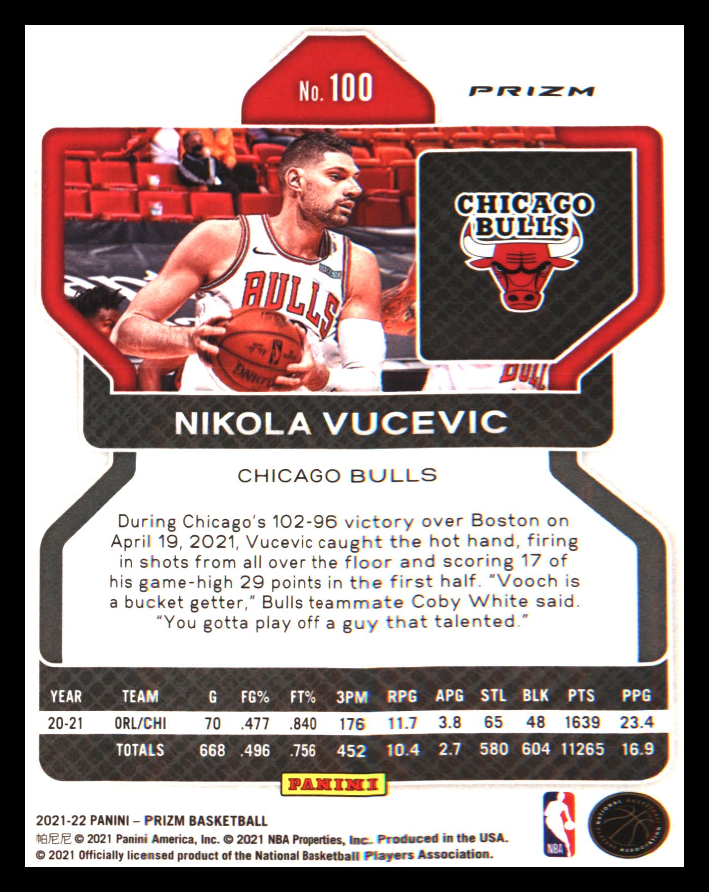 2021-22 Panini Prizm Red White and Blue #100 Nikola Vucevic