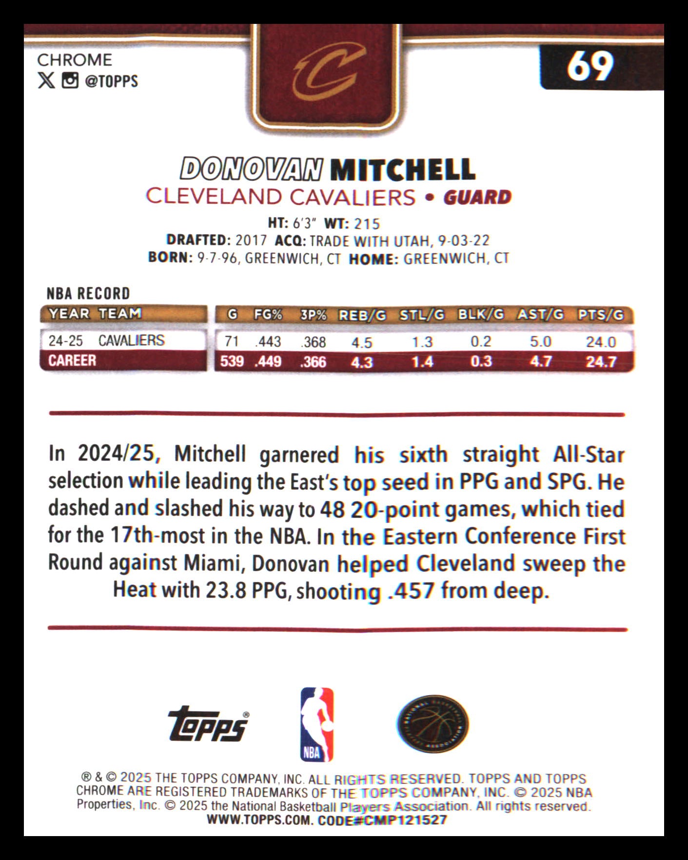 2025-26 Topps Chrome Red White and Blue Refractor #69 Donovan Mitchell