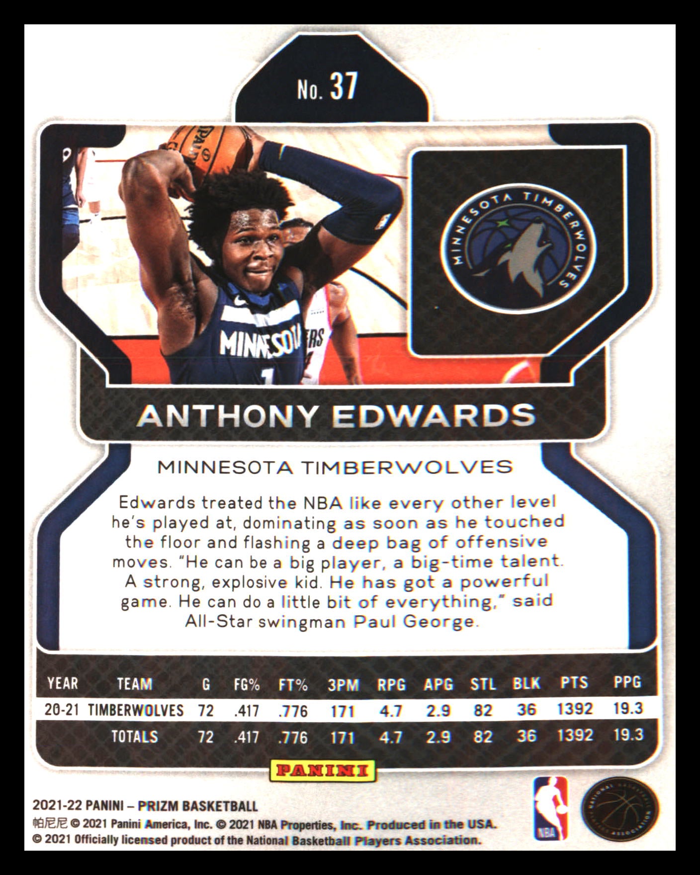 2021-22 Panini Prizm #37 Anthony Edwards
