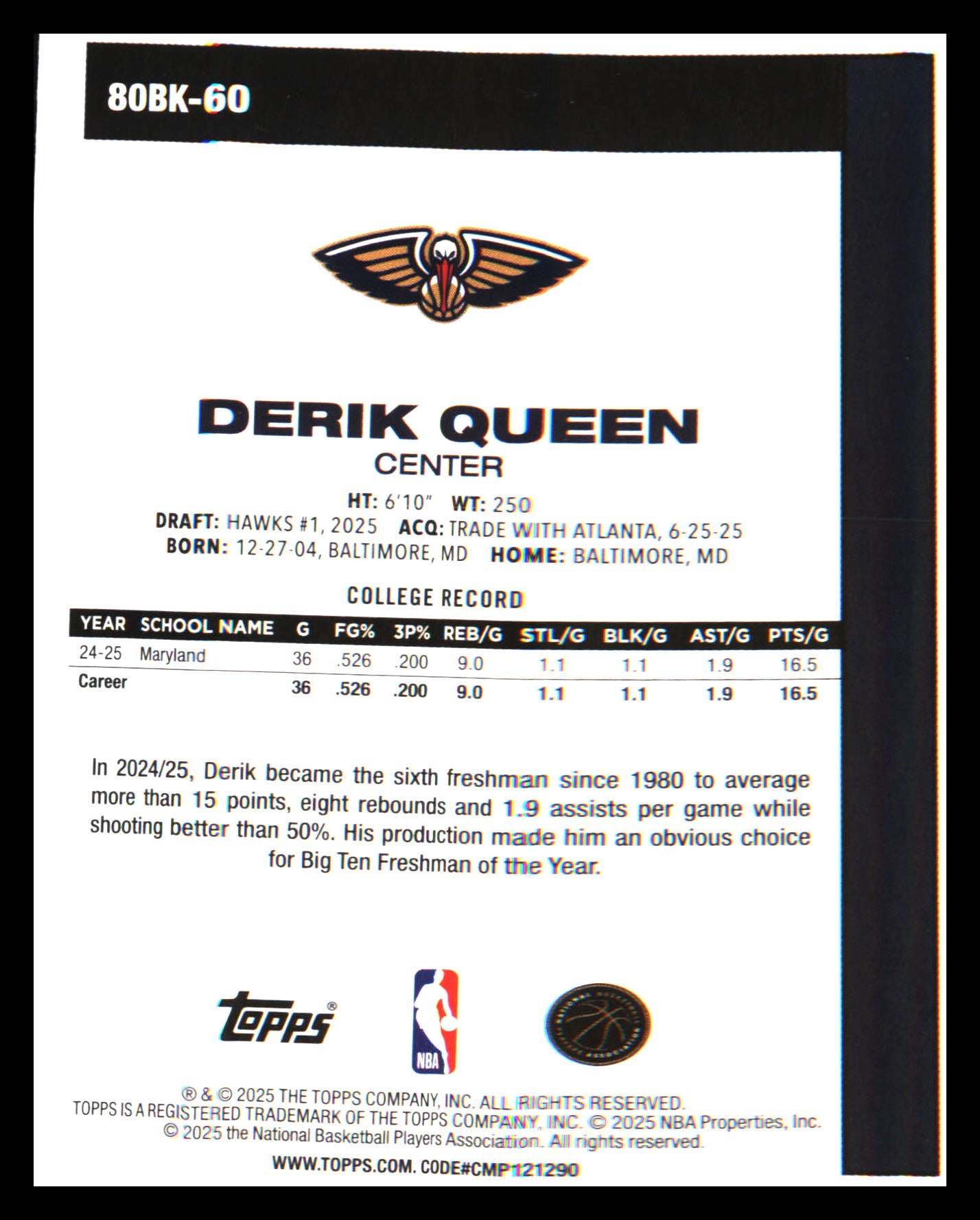 2025-26 Topps 1980-81 Topps Basketball #80BK-60 Derik Queen