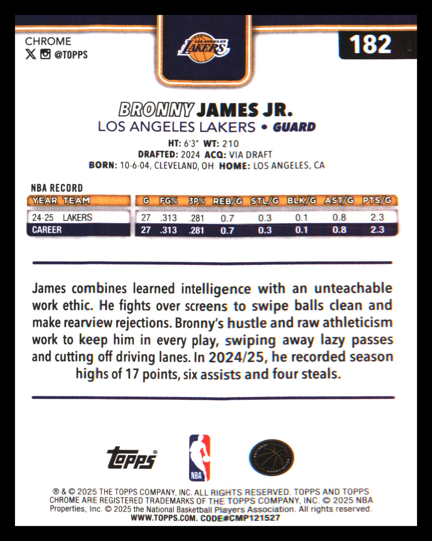 2025-26 Topps Chrome #182 Bronny James Jr.