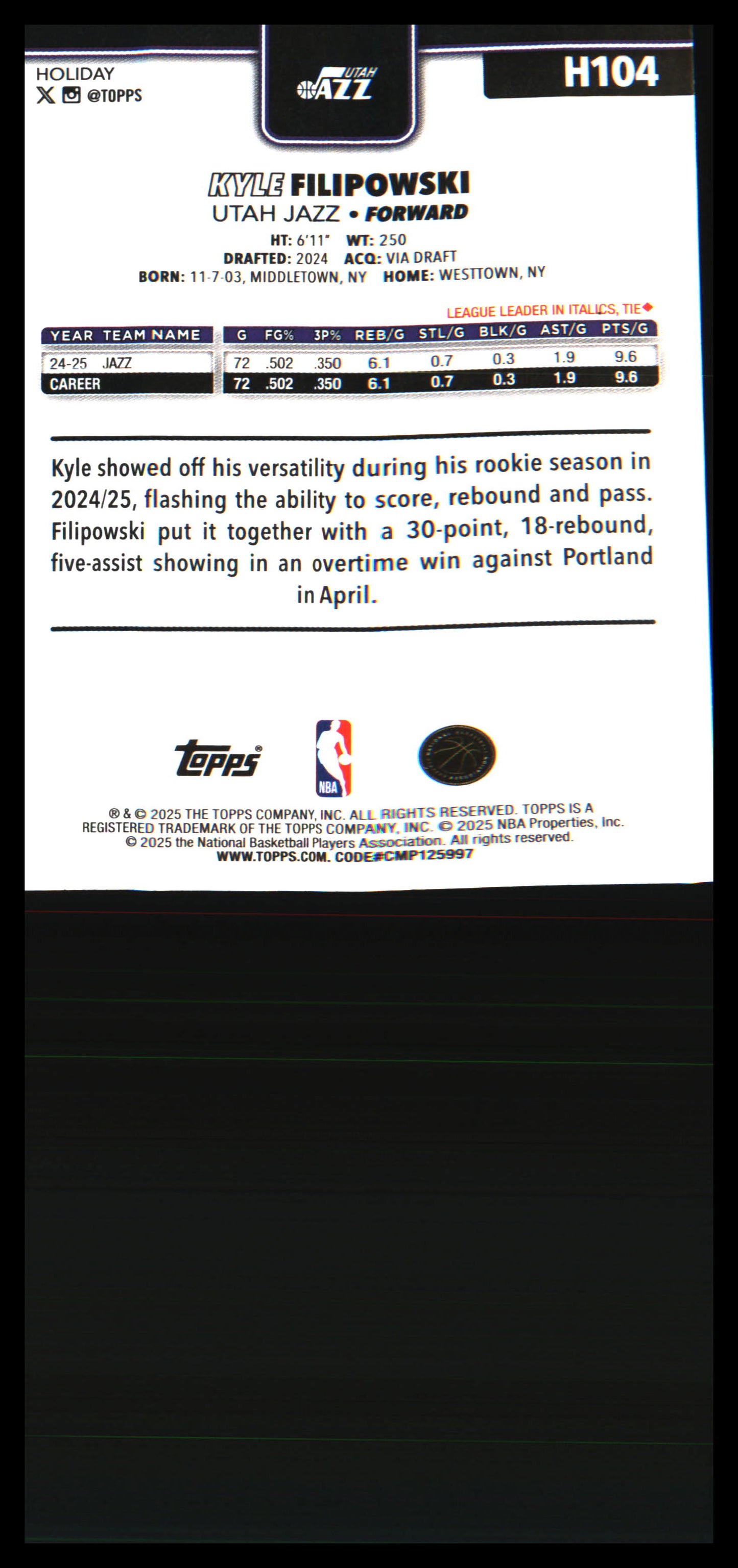 2025-26 Topps Holiday Blue Metallic Glitter Holiday #H104 Kyle Filipowski
