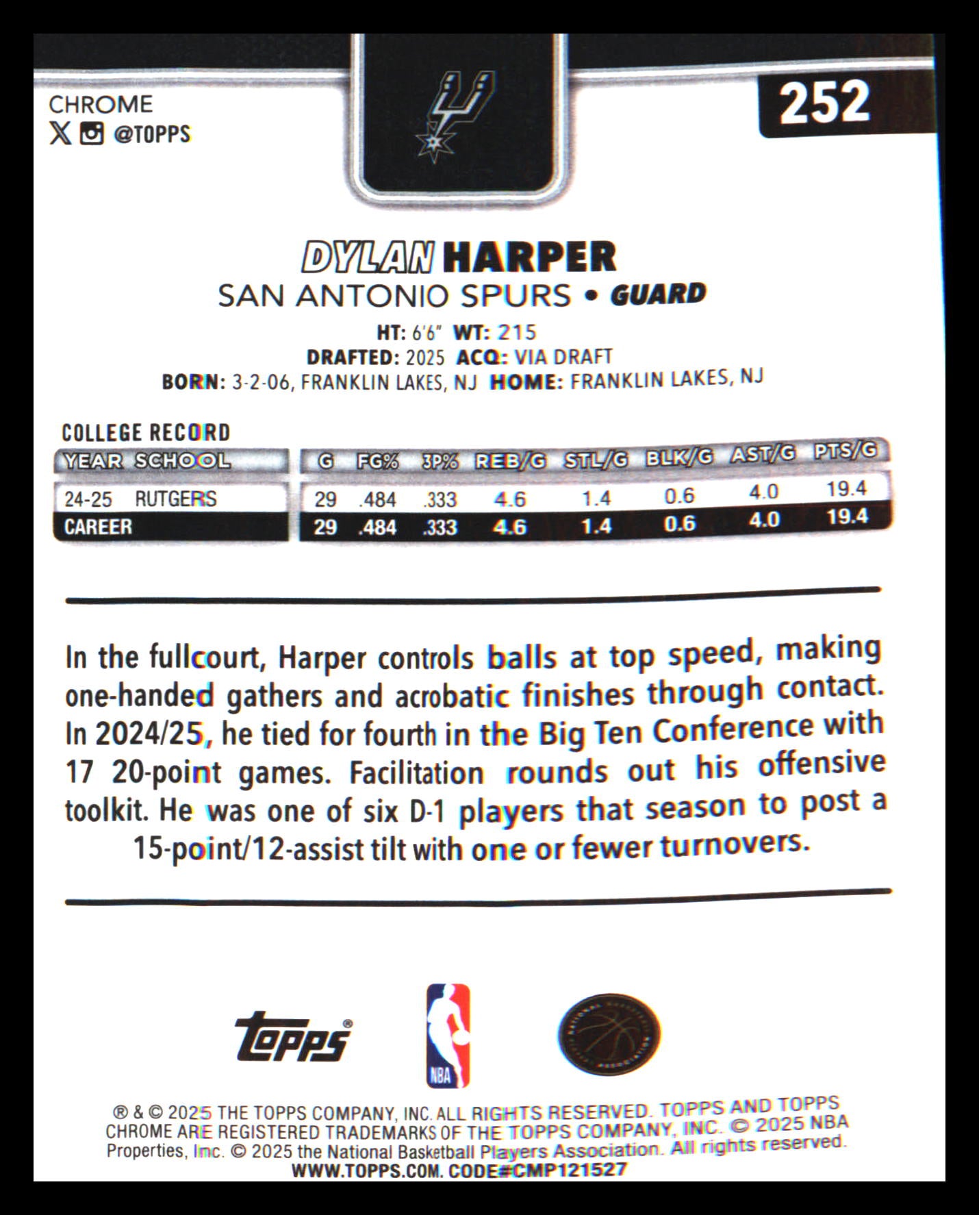 2025-26 Topps Chrome #252 Dylan Harper Rookie Rookie