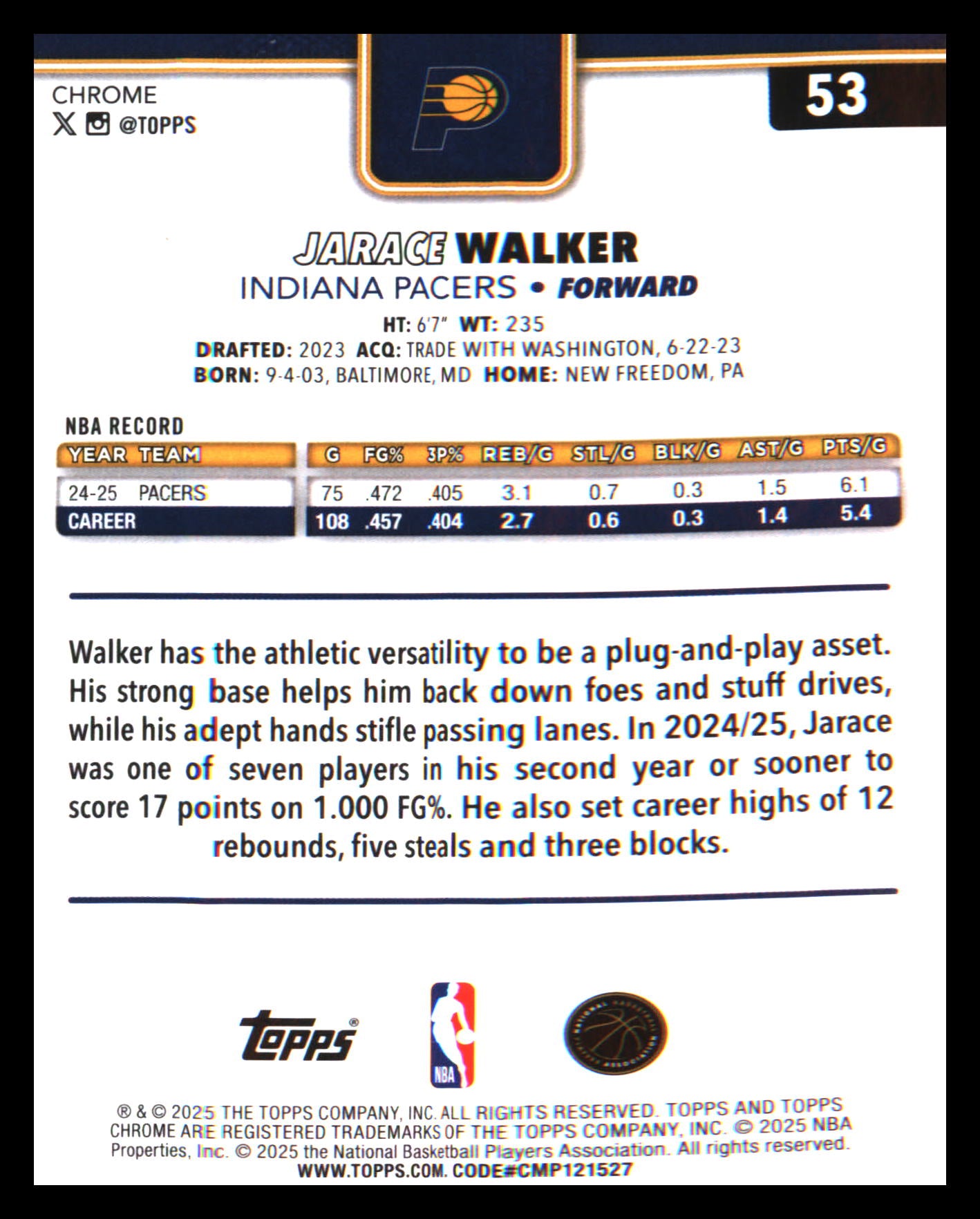 2025-26 Topps Chrome X-Fractor #53 Jarace Walker