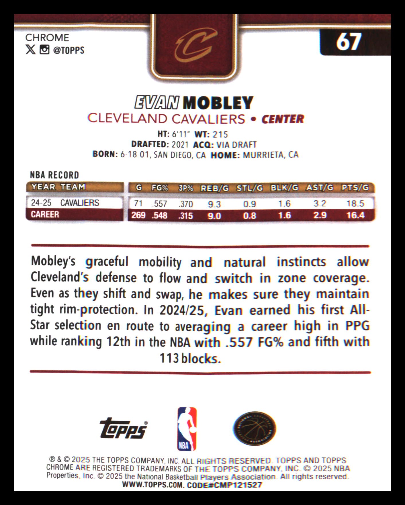 2025-26 Topps Chrome X-Fractor #67 Evan Mobley