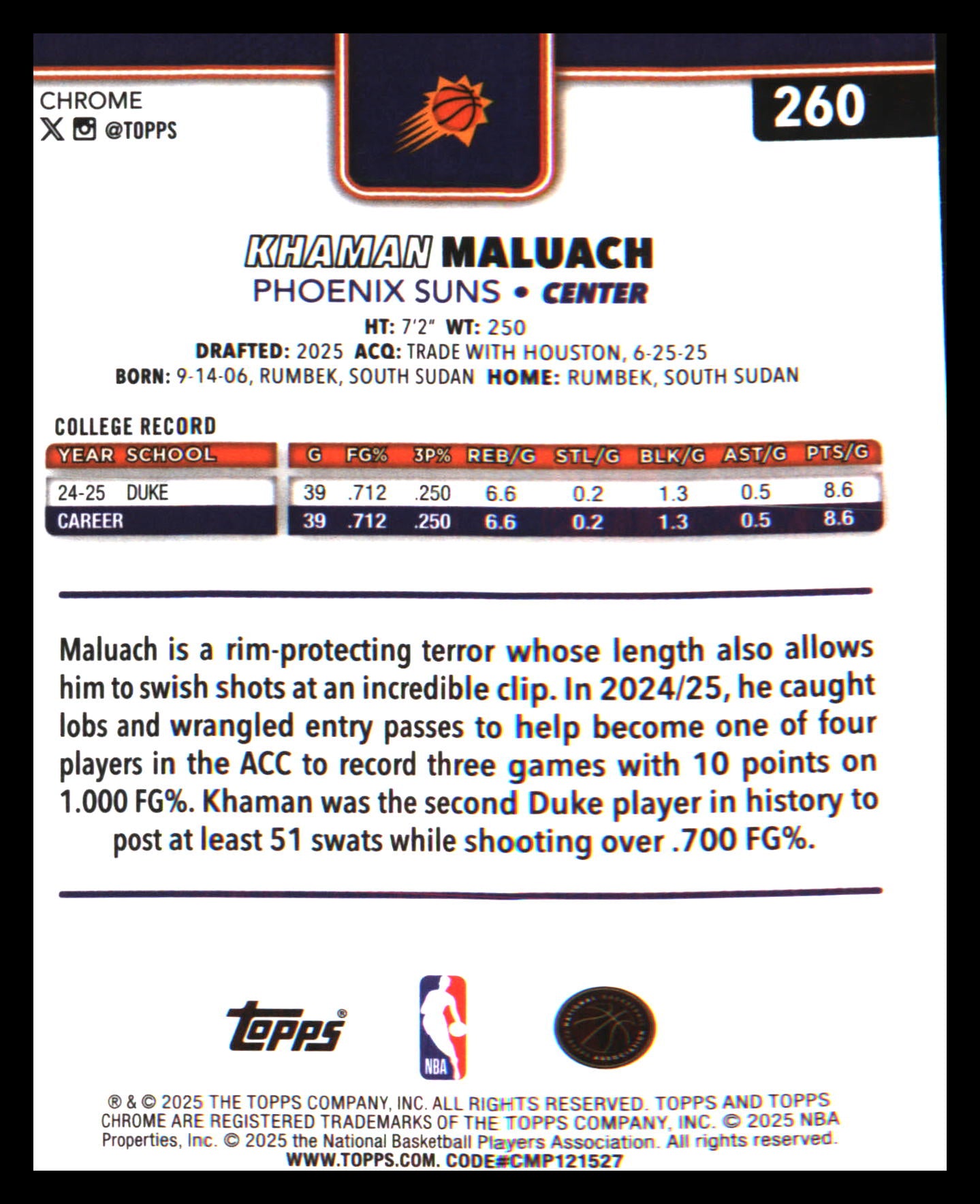 2025-26 Topps Chrome #260 Khaman Maluach Rookie Rookie