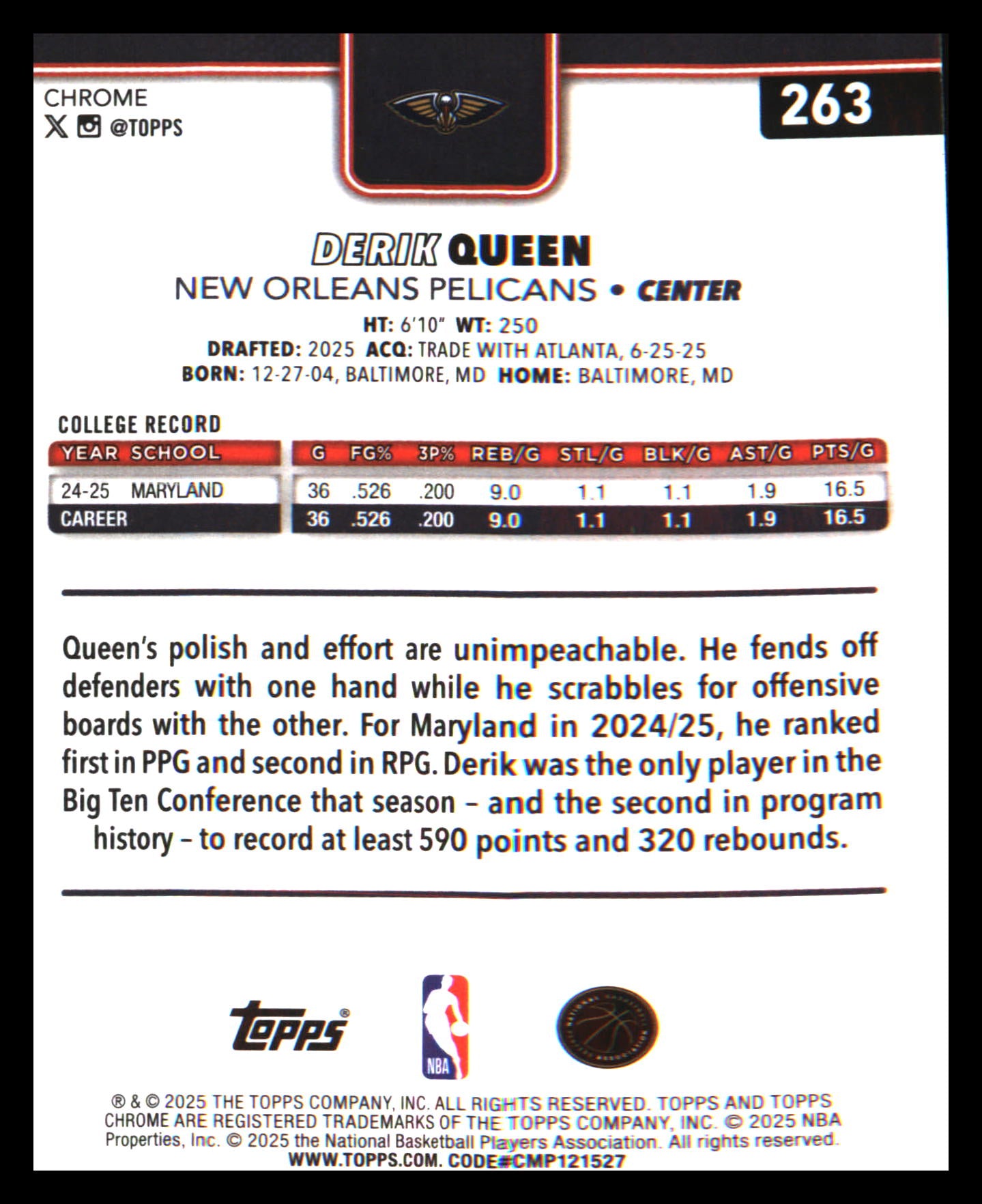 2025-26 Topps Chrome #263 Derik Queen Rookie Rookie