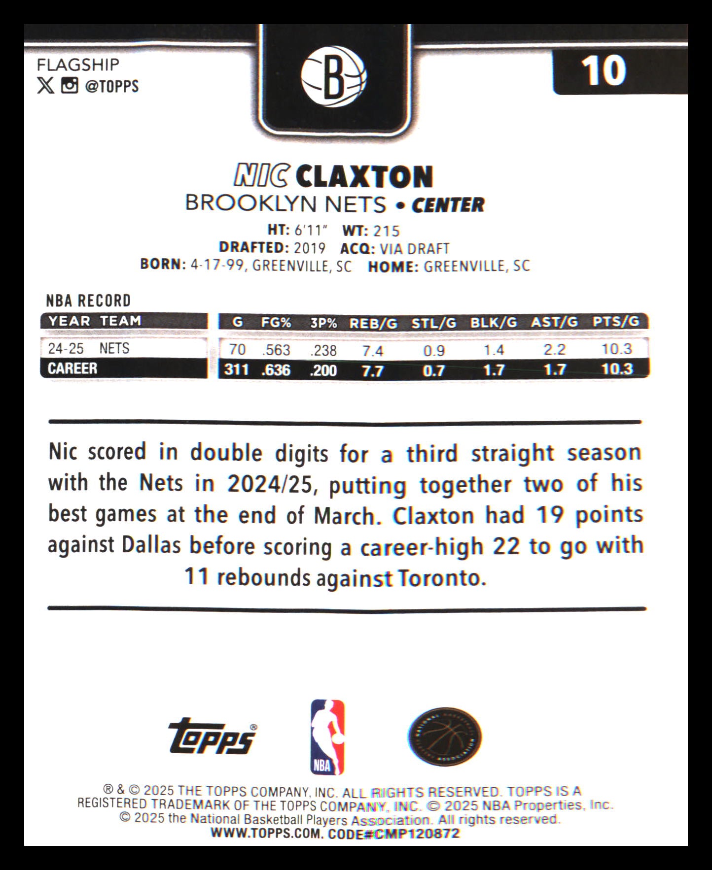 2025-26 Topps Holo Foil #10 Nic Claxton