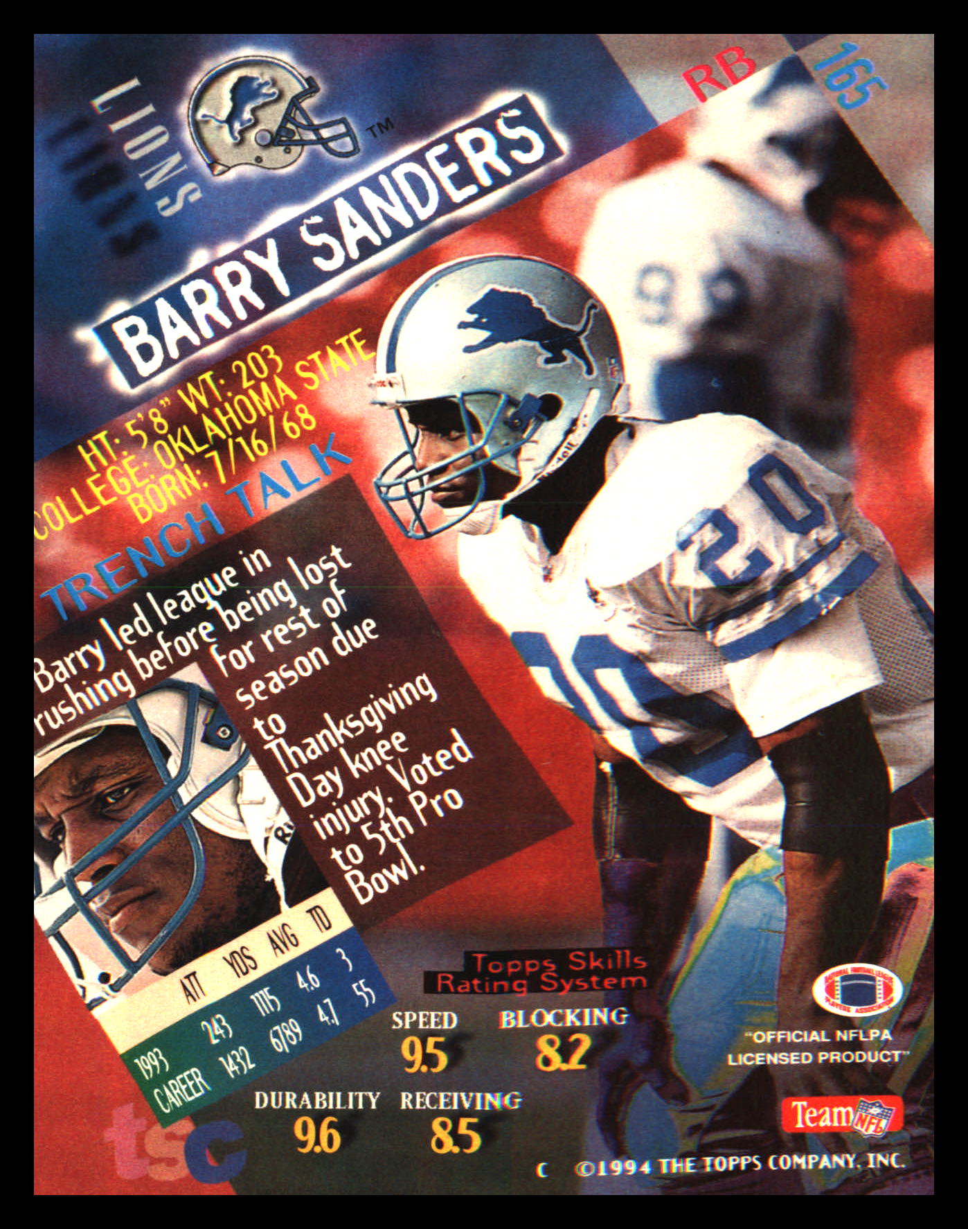 1994 Stadium Club #165 Barry Sanders
