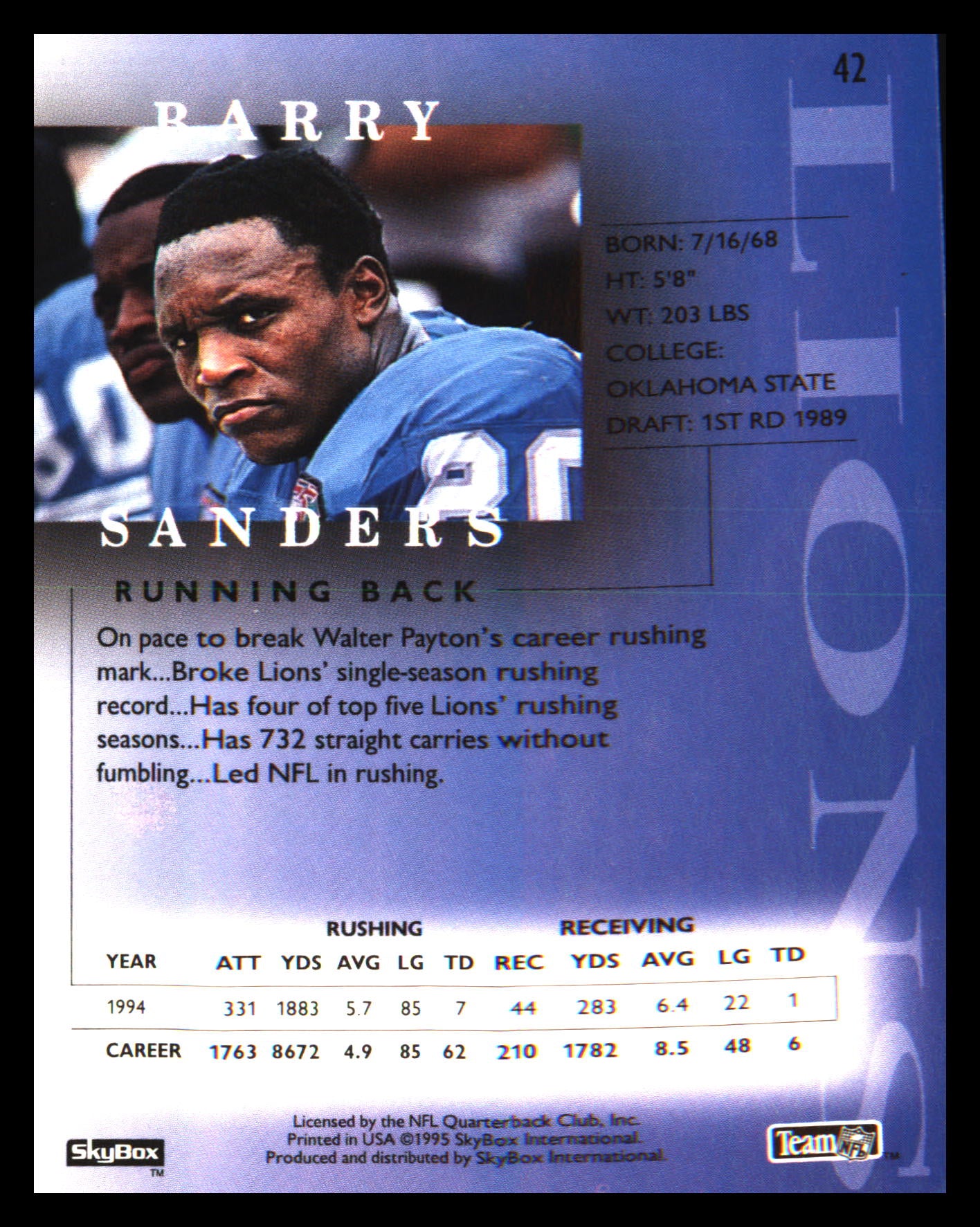 1995 SkyBox Premium #42 Barry Sanders