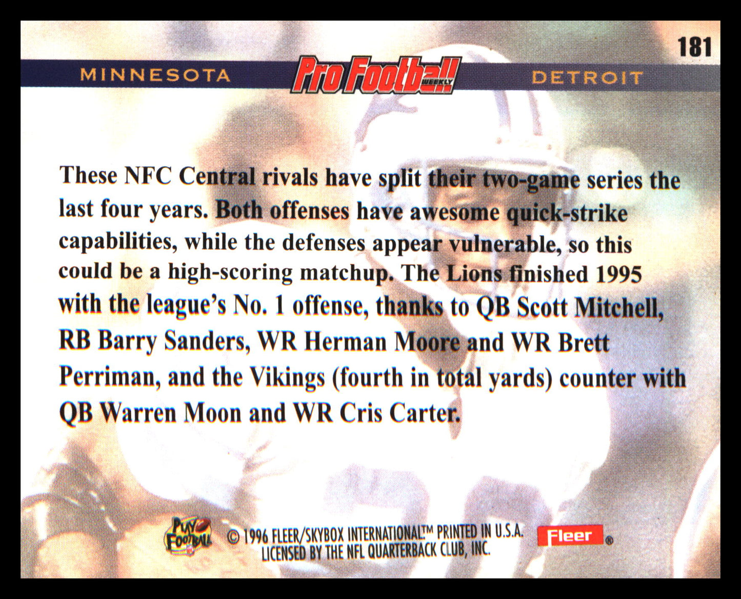 1996 Fleer #181 Minnesota - Detroit PFWP Barry Sanders